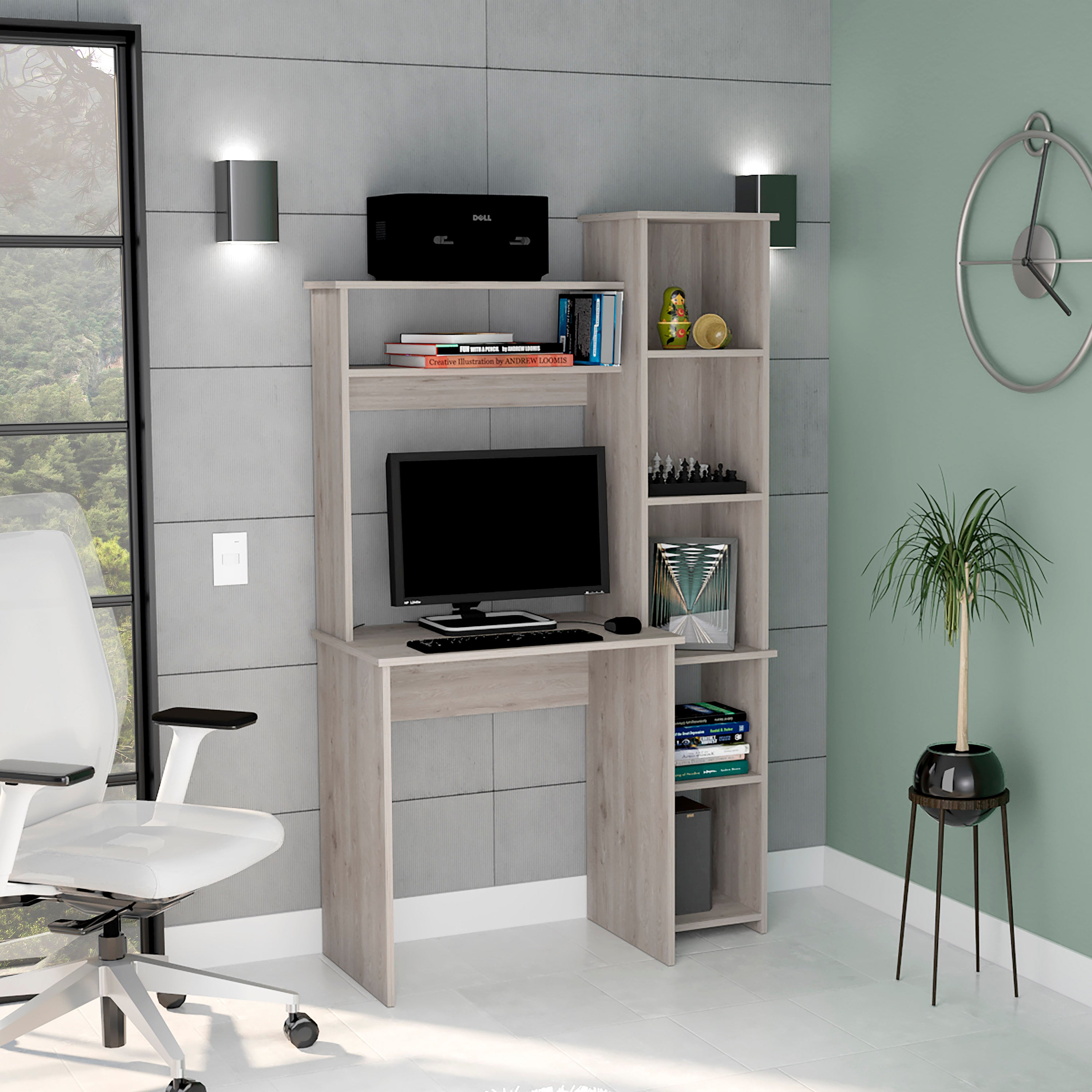 Aramis Light Gray 5-Shelf Desk | 2 Superior Shelves