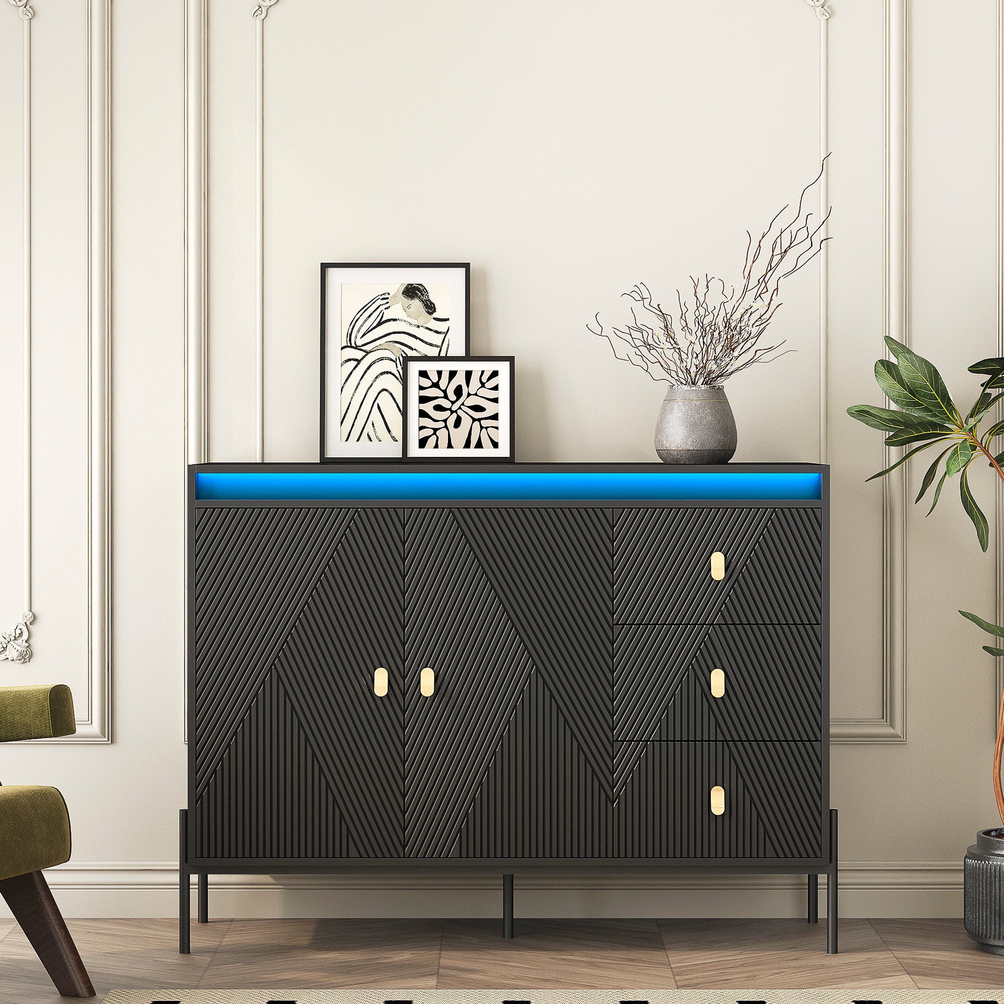 Black Fluted Sideboard: LED Lights & Ample Storage