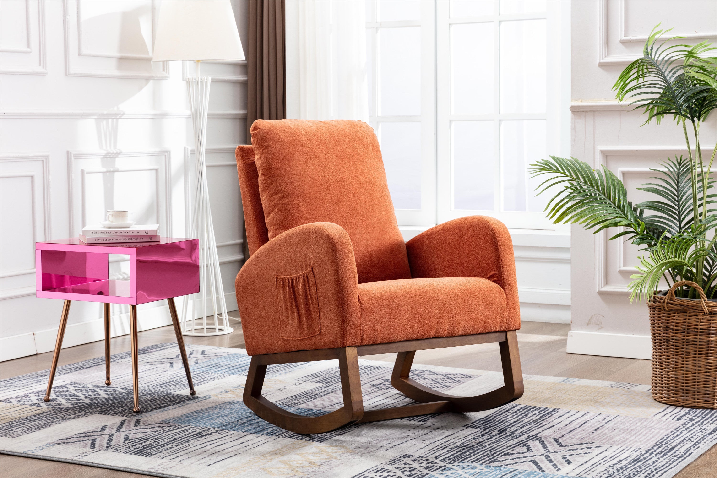 Modern Rocking Chair, Orange Linen