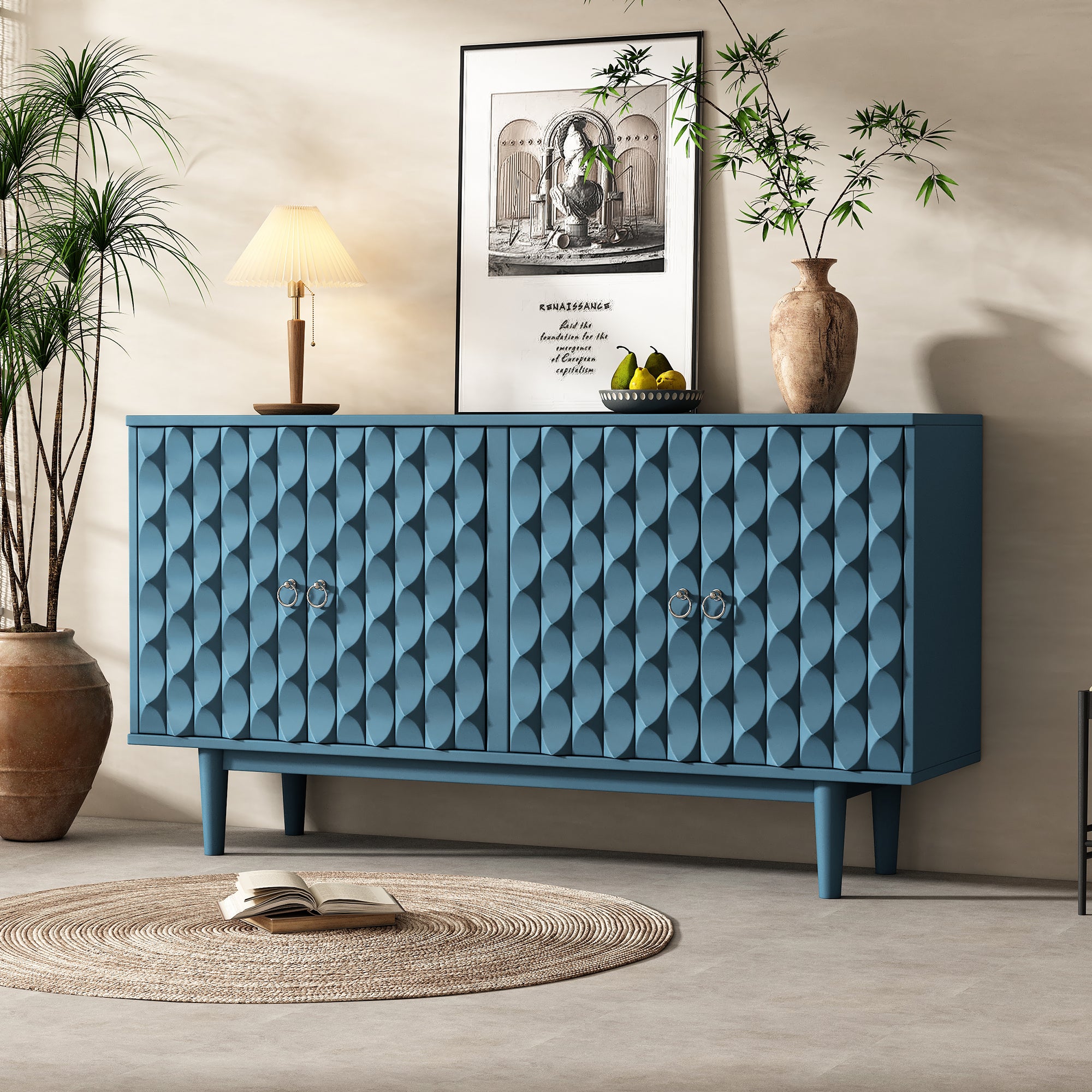 Navy Sideboard: Modern 4-Door Convex Design