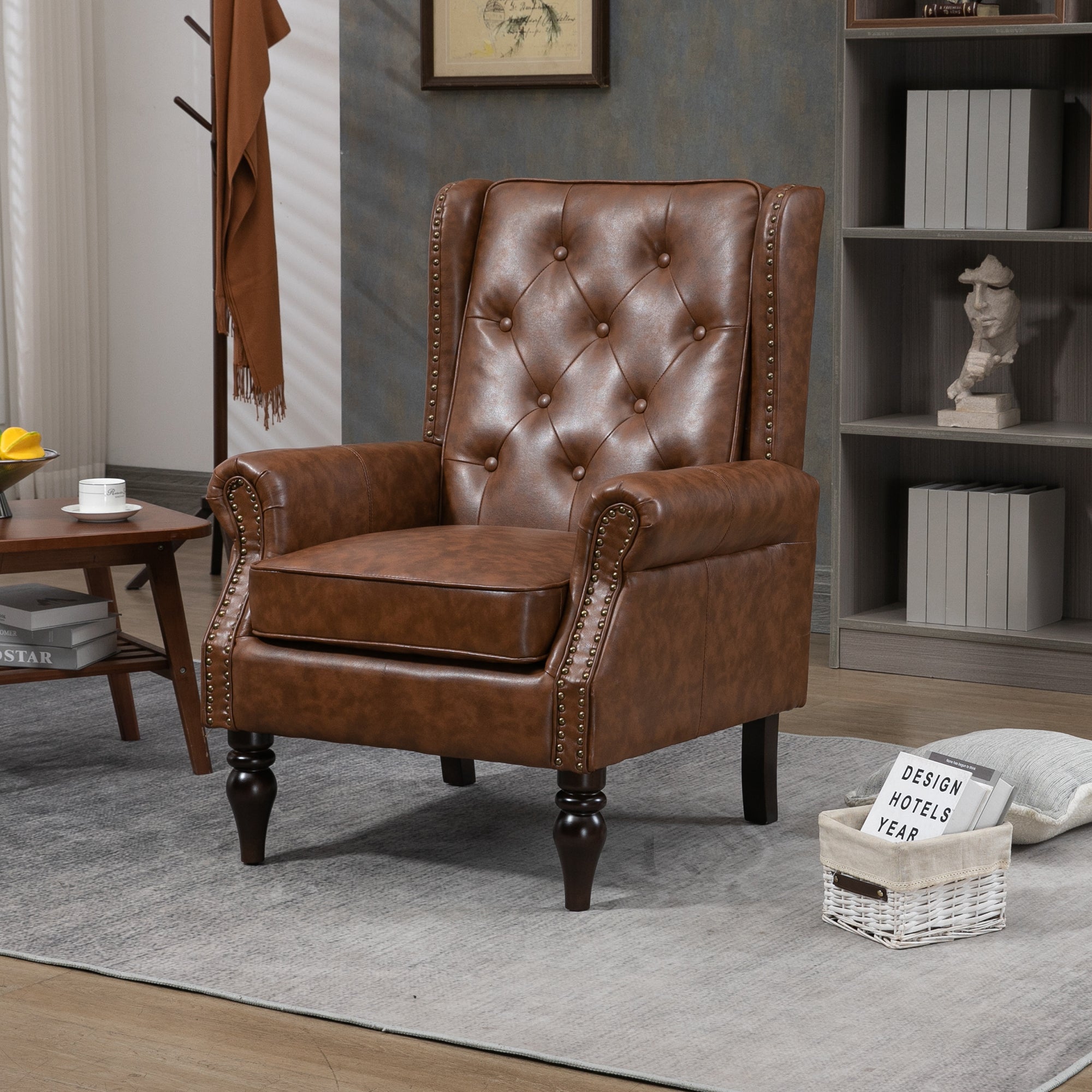 Modern Wood Armchair | Brown PU Leather