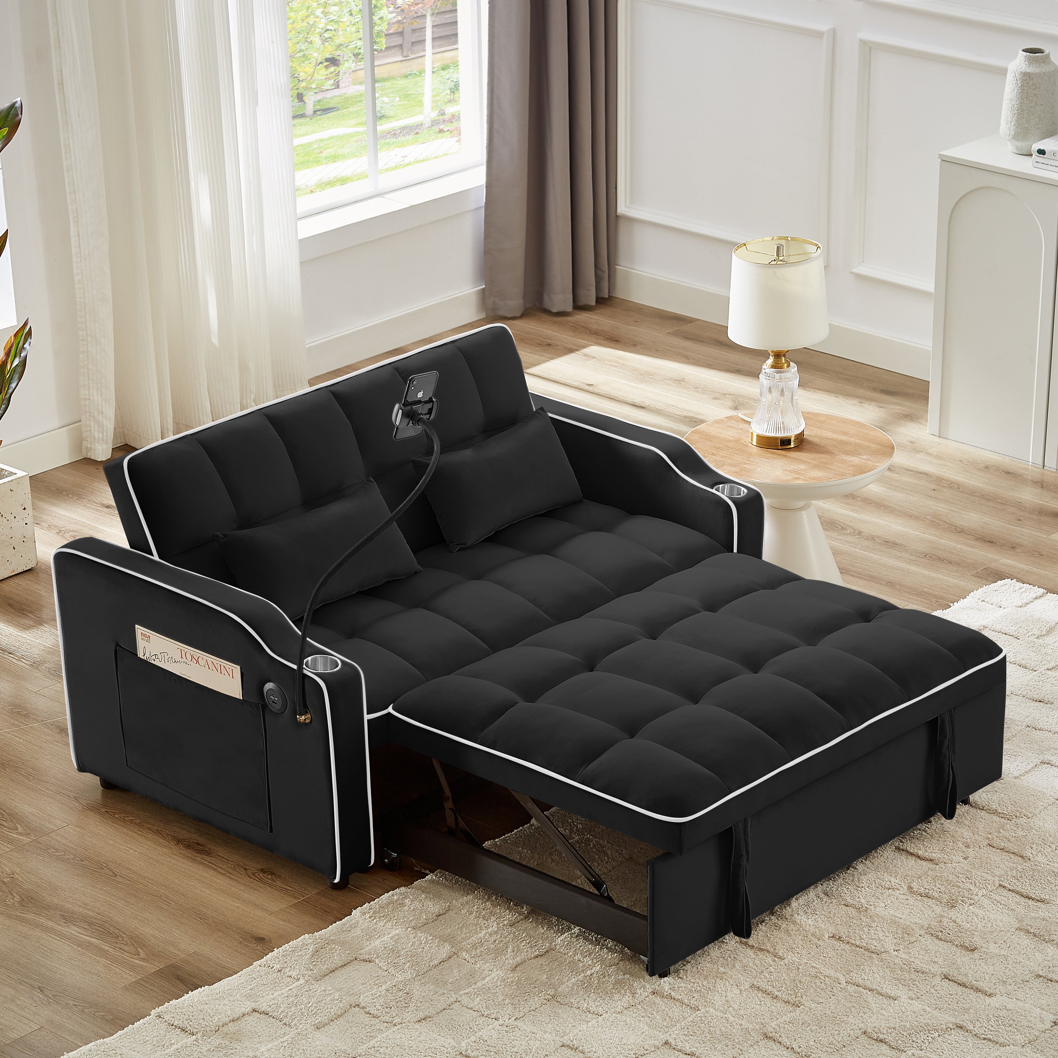 Foldable Sofa Bed: 3 Sizes, USB, Ashtray