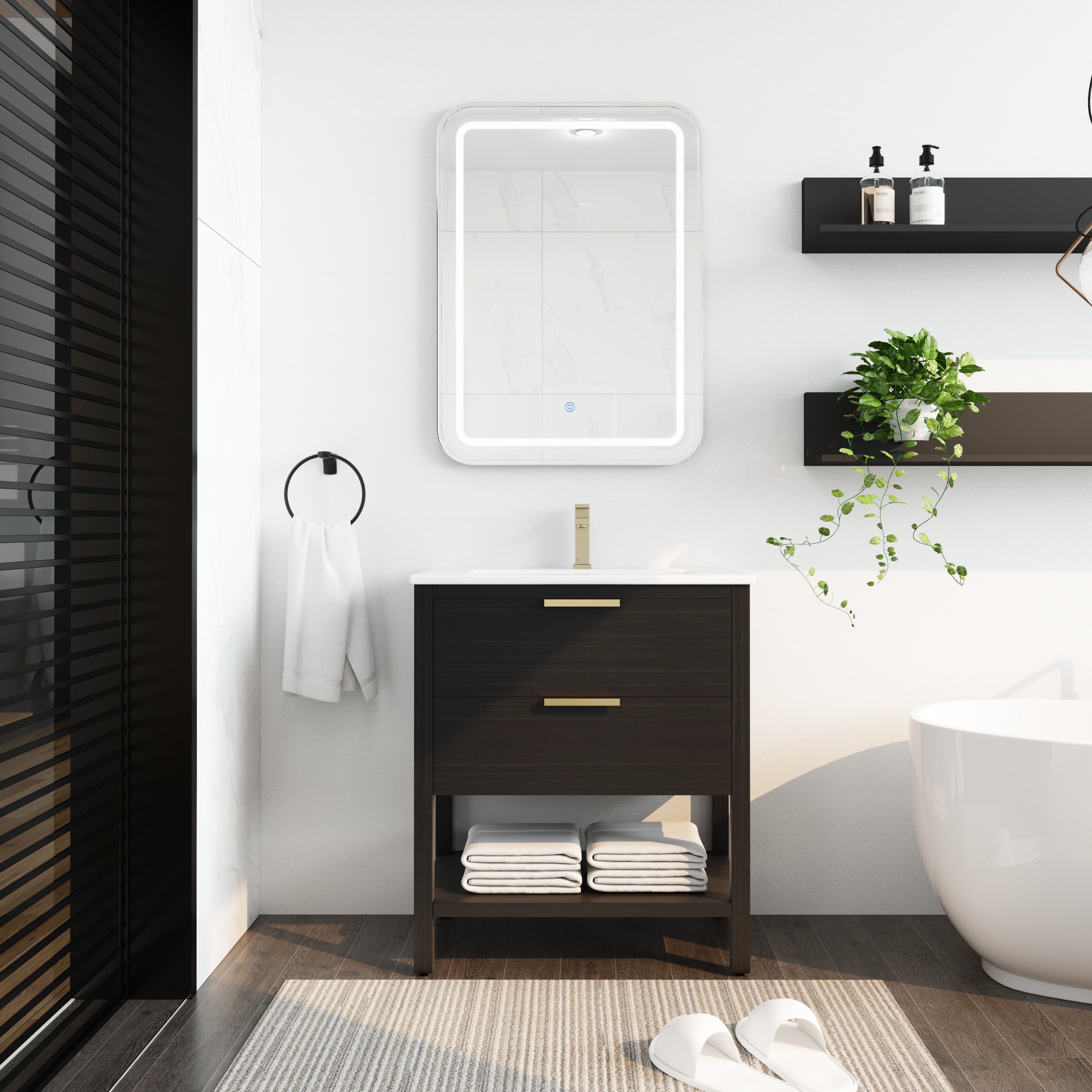 30" Bathroom Vanity: Gold, 2 Drawers, Sink