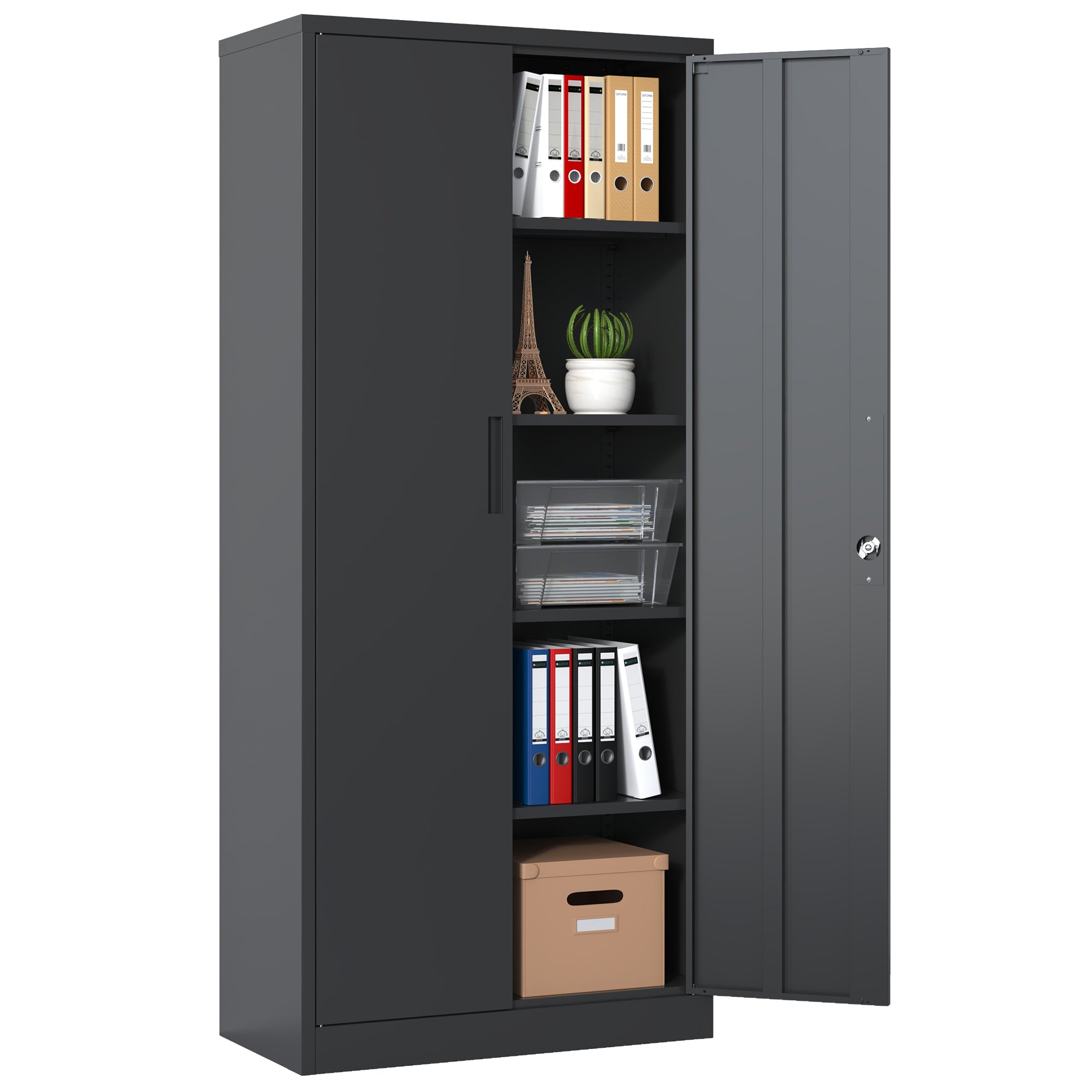 72" Black Metal Garage Cabinet w/4 Shelves