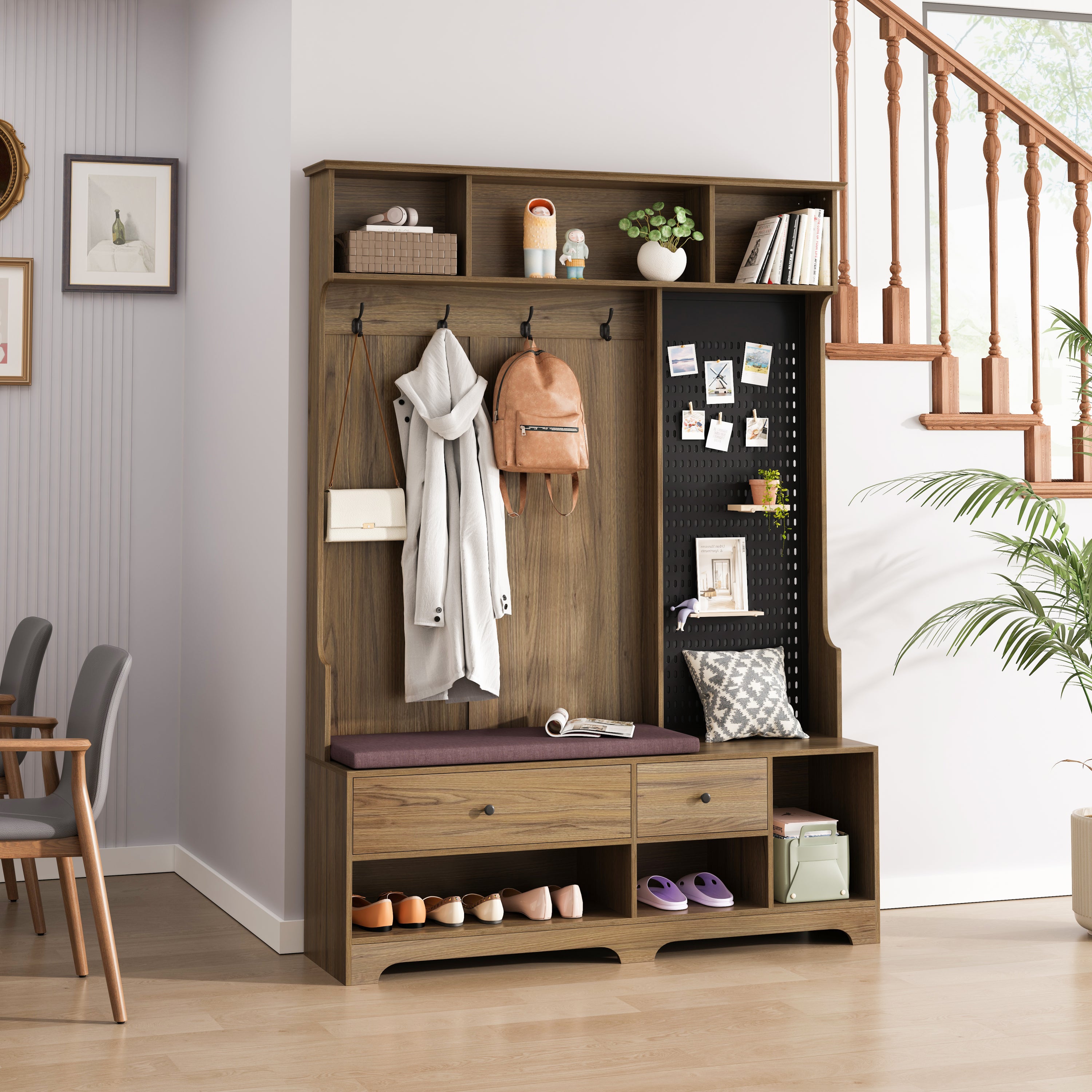 Hall Tree with Bench, Coat Rack & Storage - Brown
