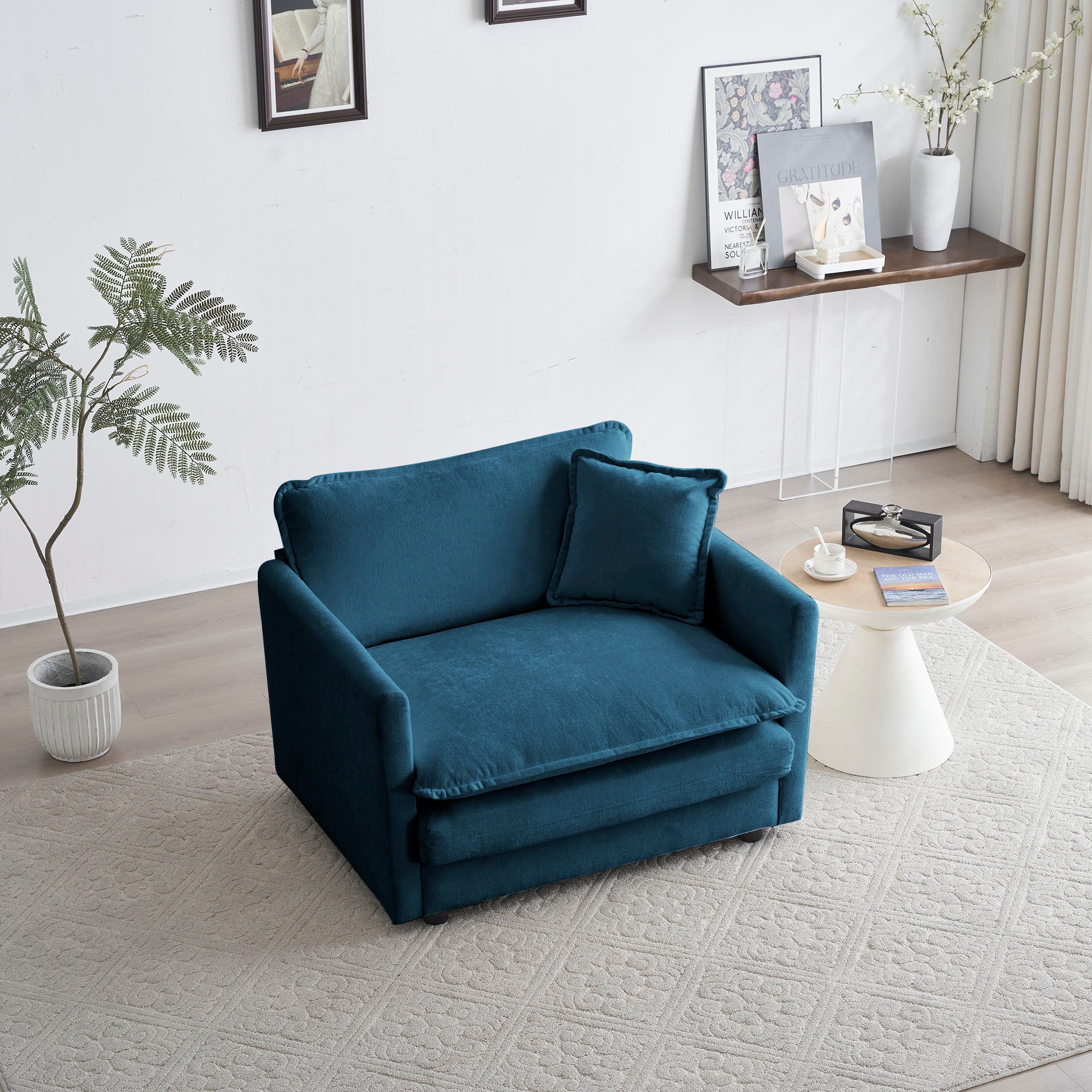 Blue Chenille Single Sofa Chair w/ Pillow