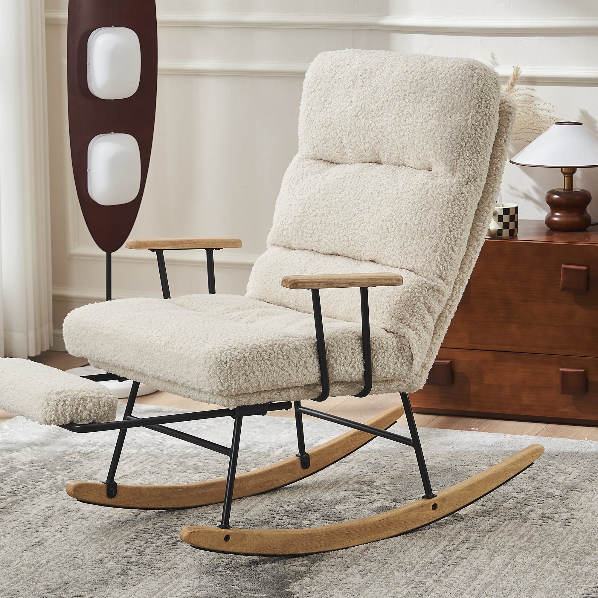 Modern Teddy Gliding Rocker w/ Footrest & High Back (Beige)