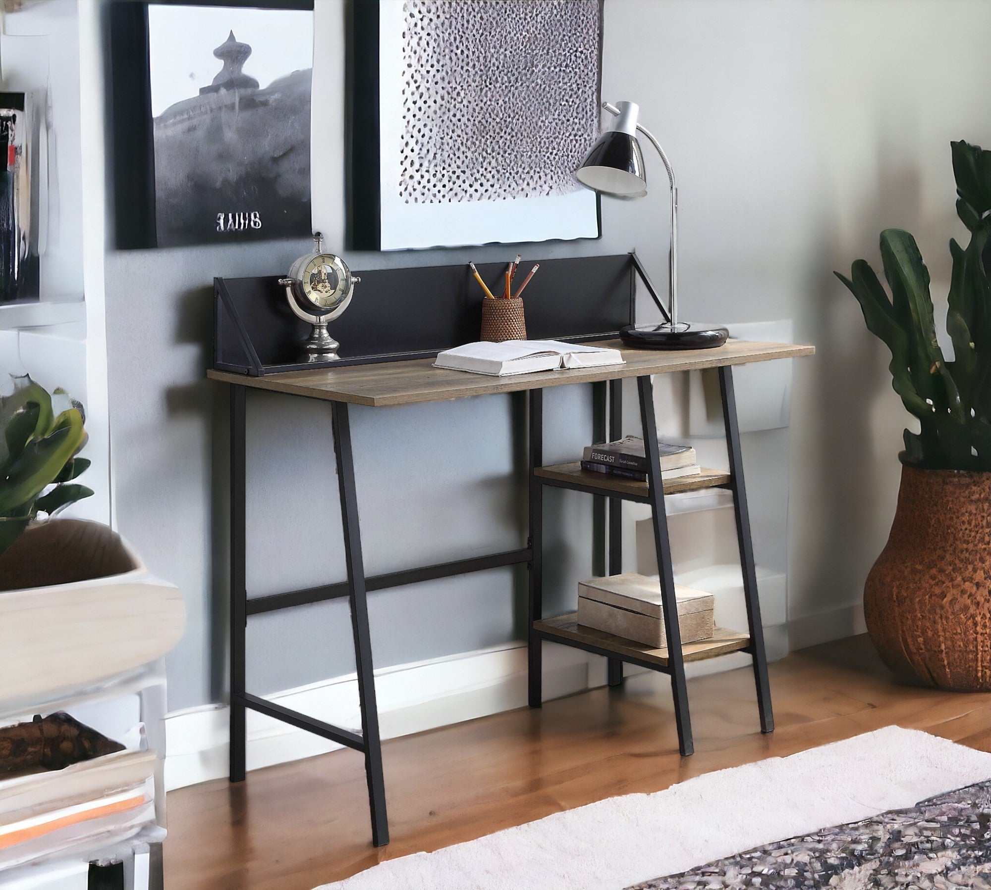 Rustic Oak & Black 2-Shelf Writing Desk | H-Base