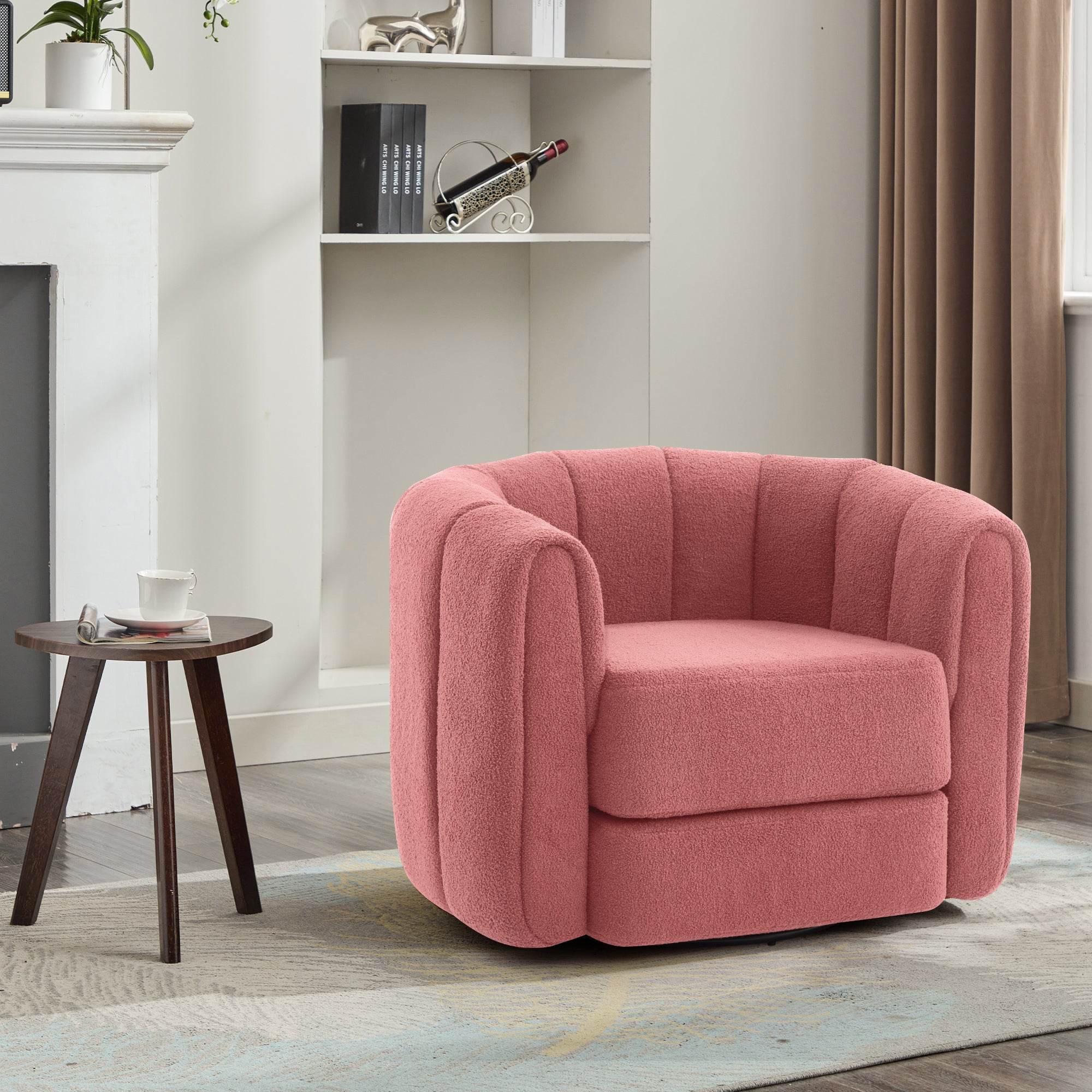 Comfy Swivel Chair: Wood Base, Wide Upholstery