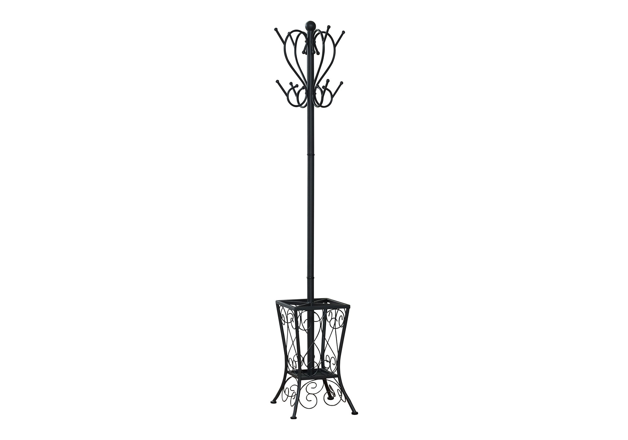 71" Black Metal Coat Rack w/ Umbrella Holder & 8 Hooks