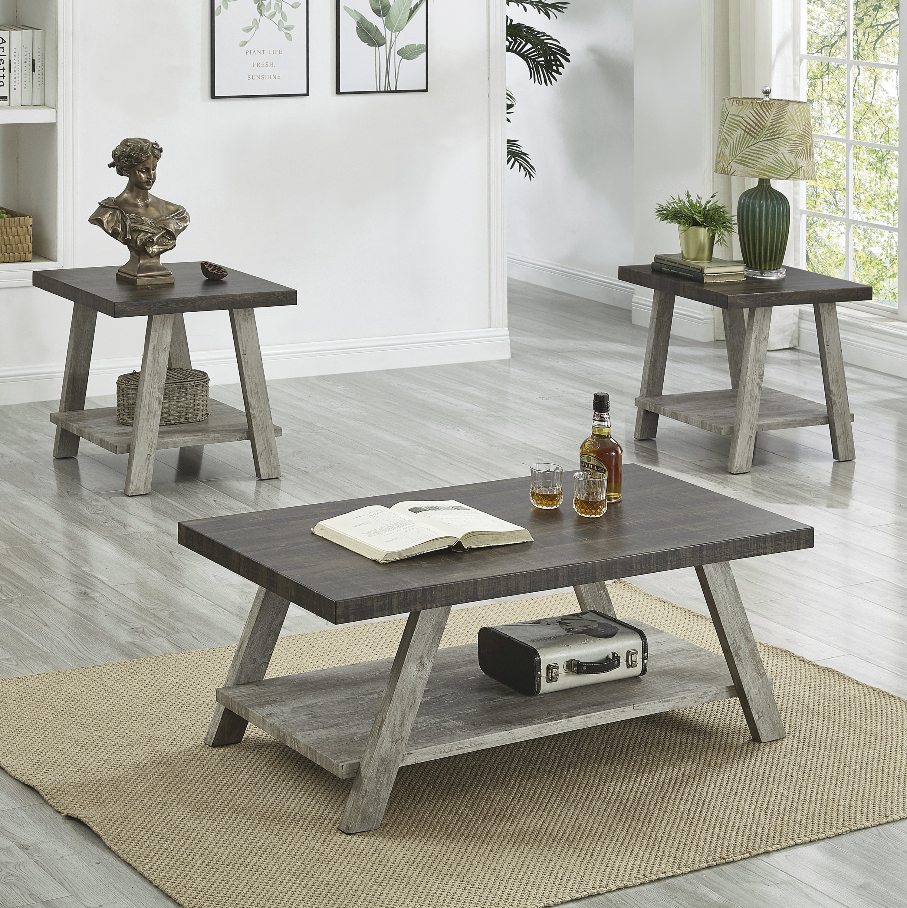 Athens 3-Piece Wood Coffee Table Set - Walnut & Gray