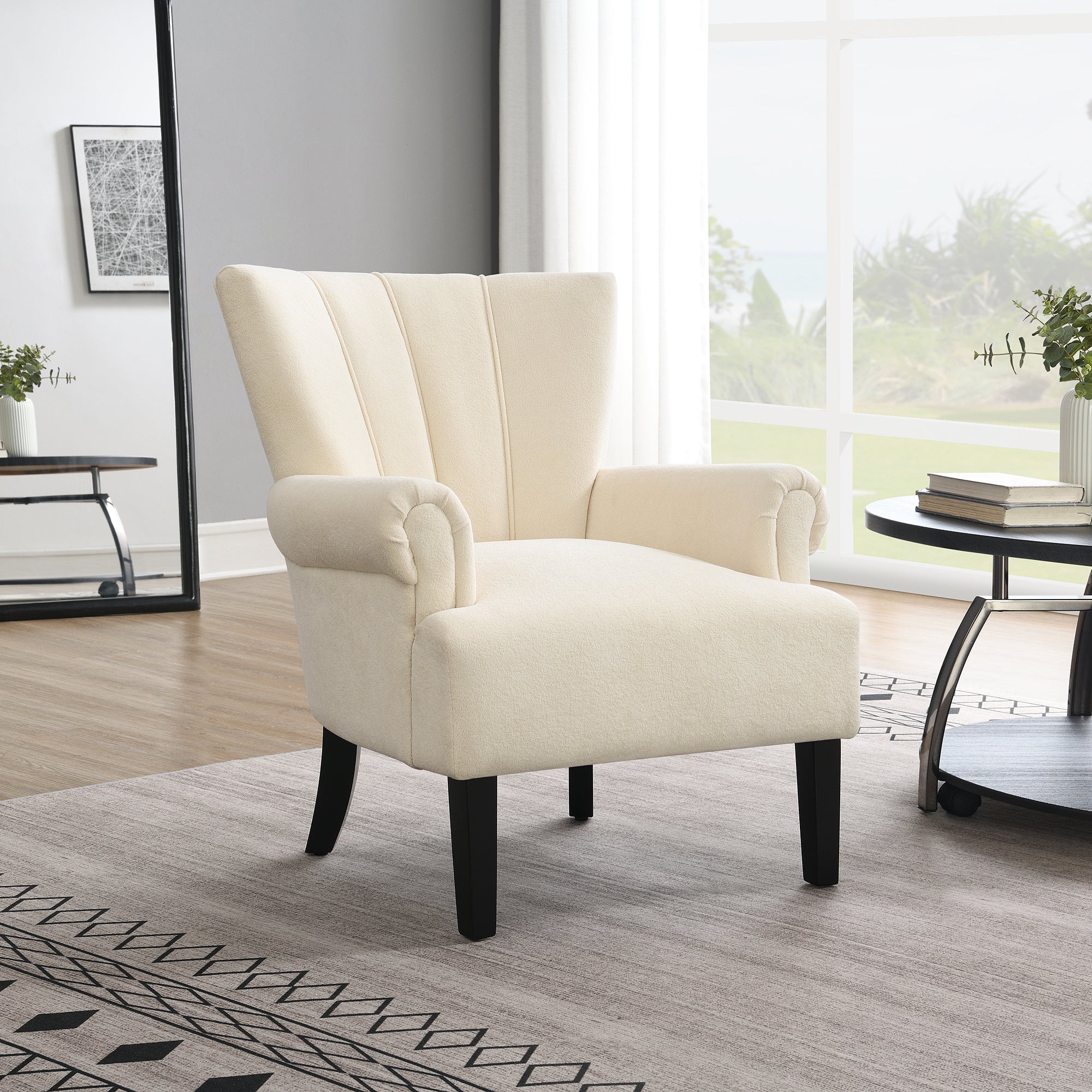 Modern Beige Accent Chair: Soft Fabric & Wooden Legs