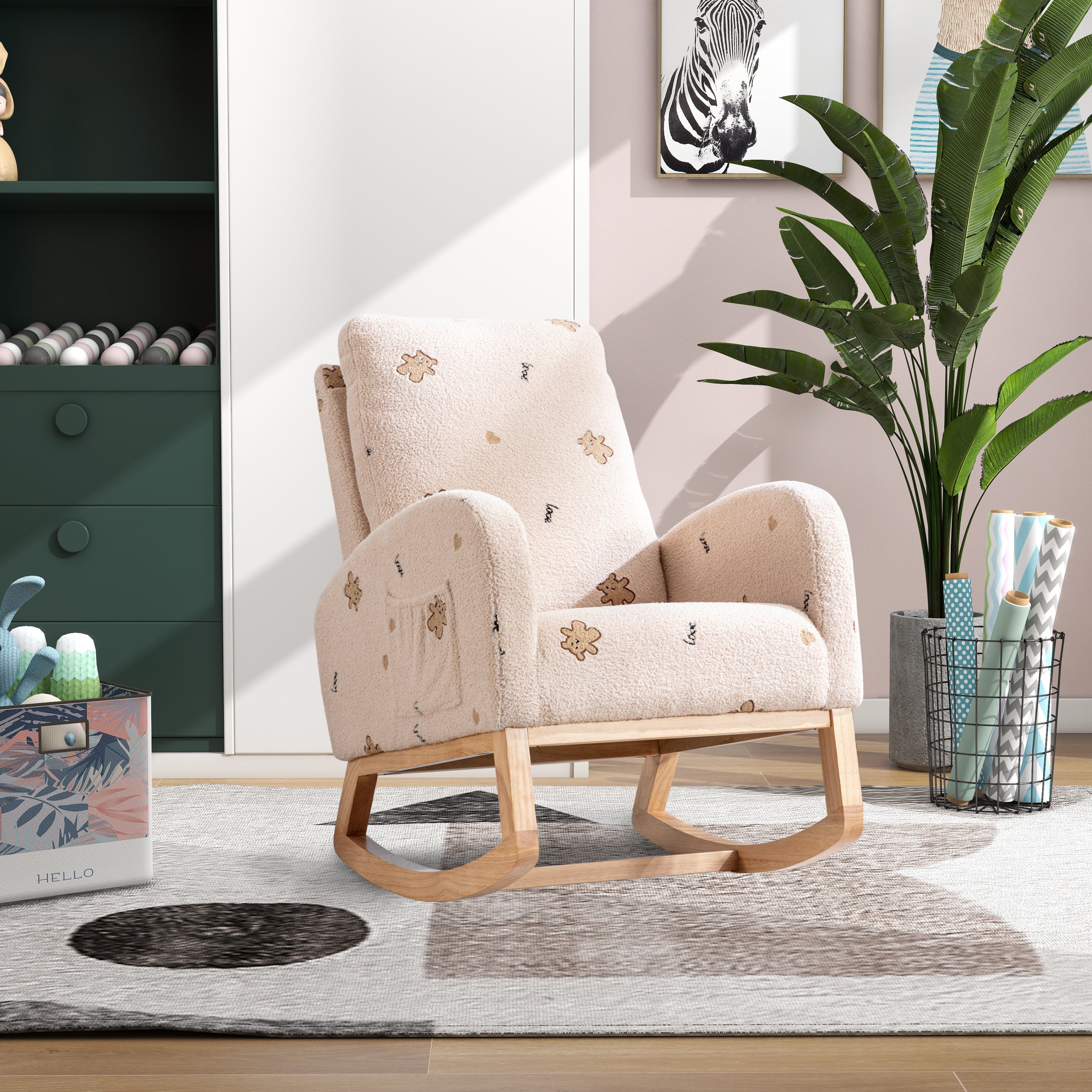 Modern Rocking Chair, Mid Century Accent Rocker, Beige Boucle
