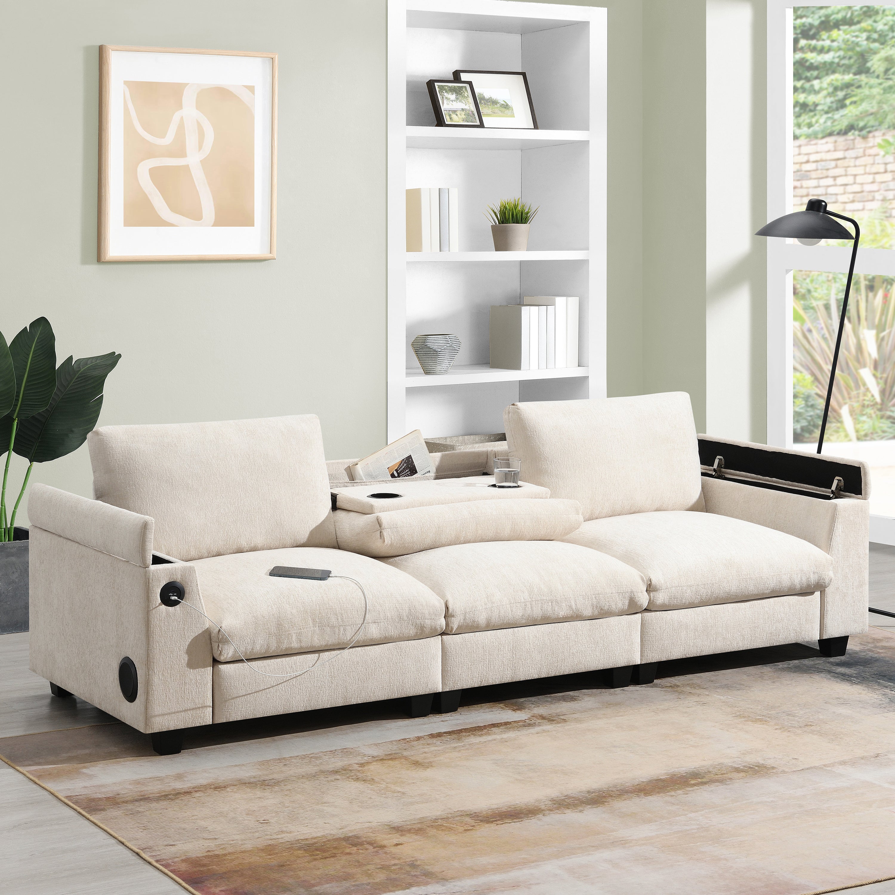Chenille Sectional Sofa w/ Bluetooth & USB
