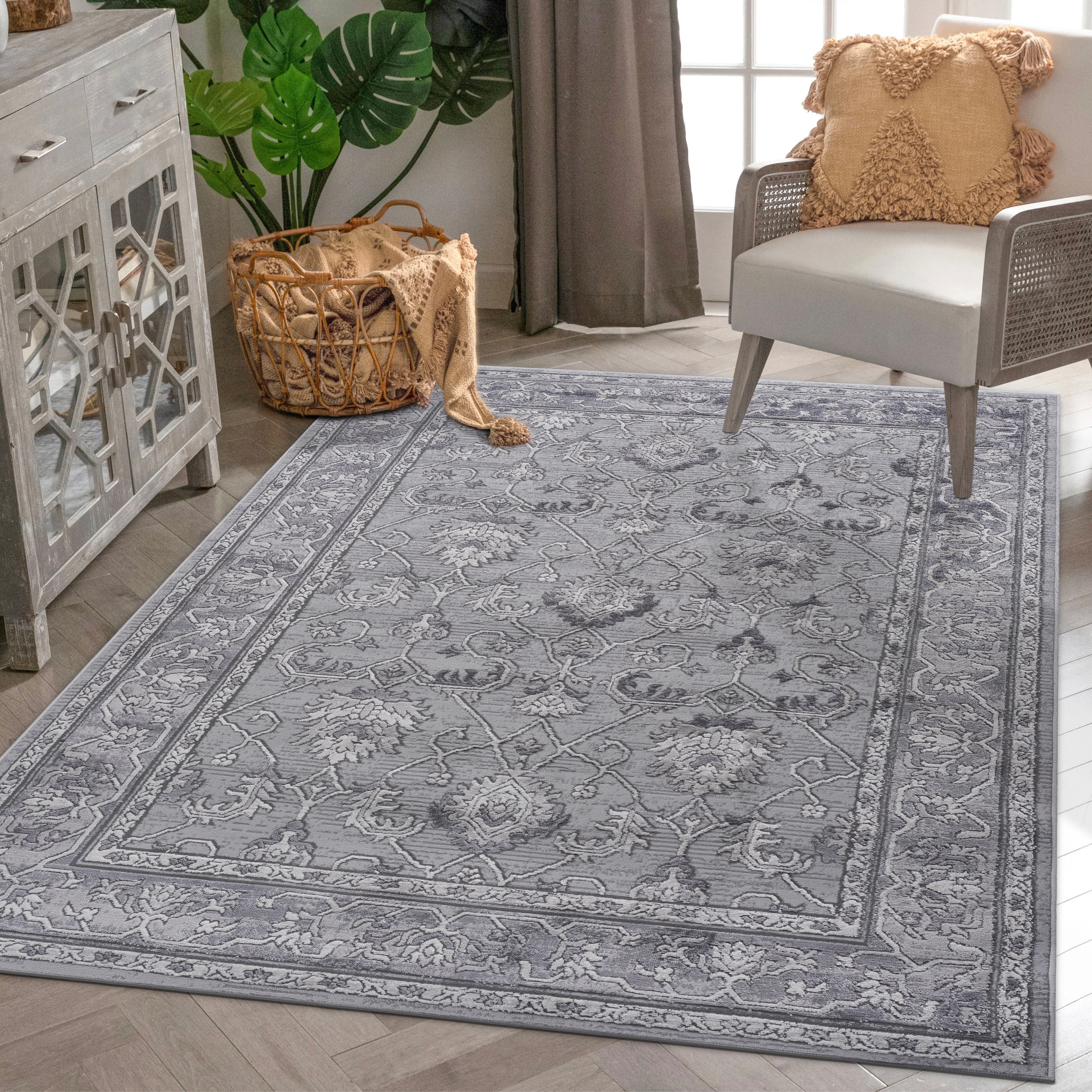 Grey Area Rug: 5x7 Non-Shedding Stain-Resistant