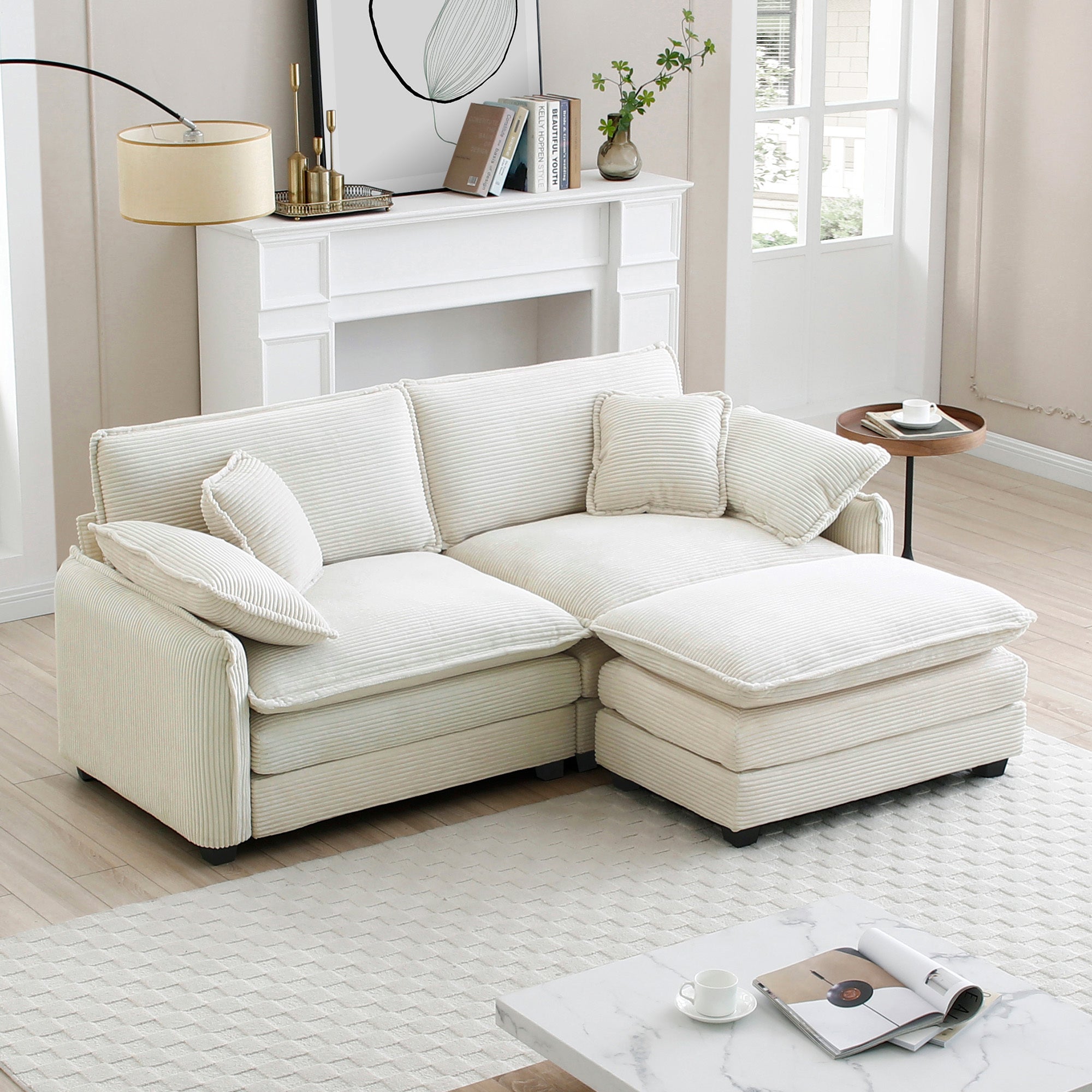 Beige Corduroy L-Shaped Sofa with Ottoman
