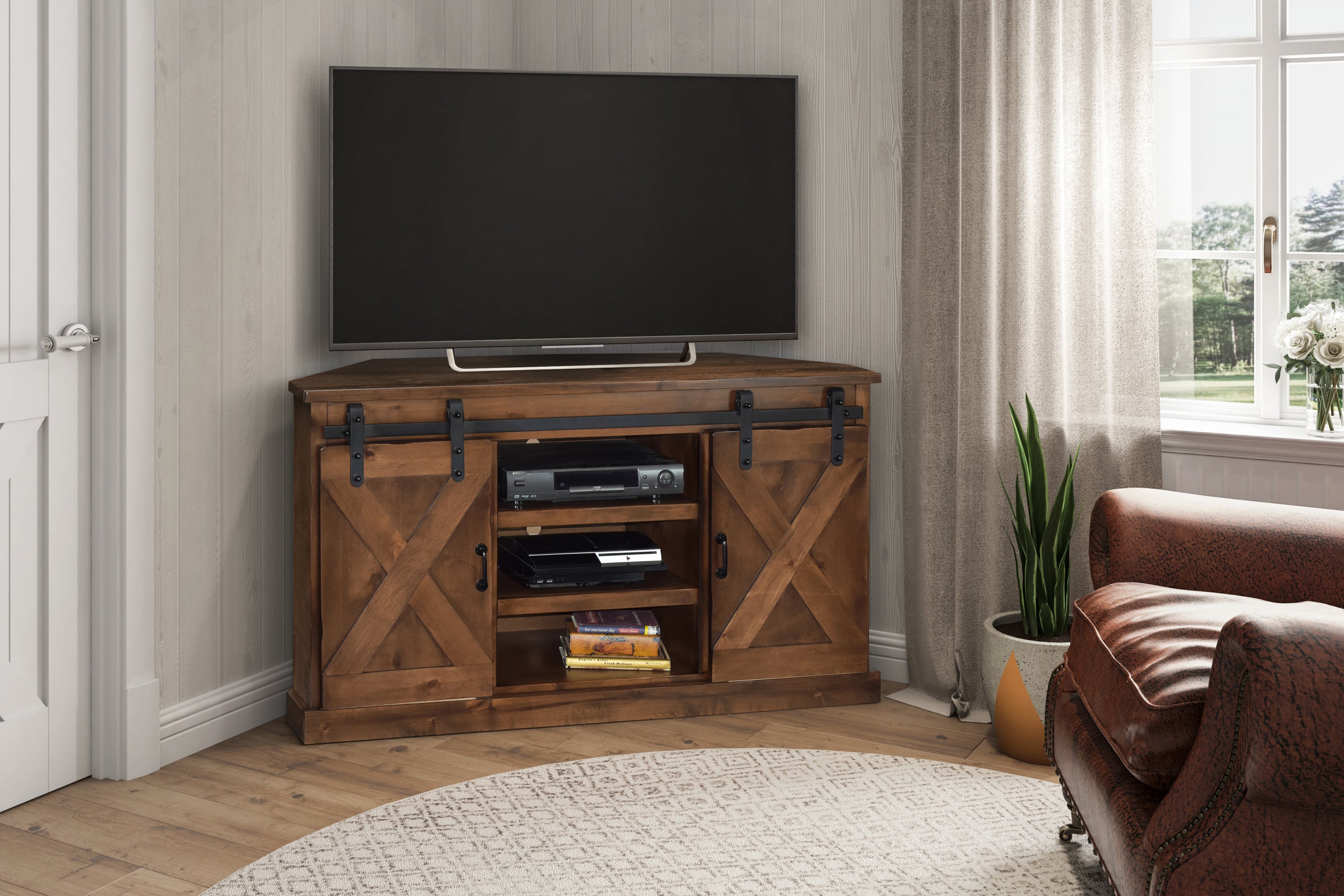 56" Corner TV Stand, No Assembly, Aged Whiskey Finish