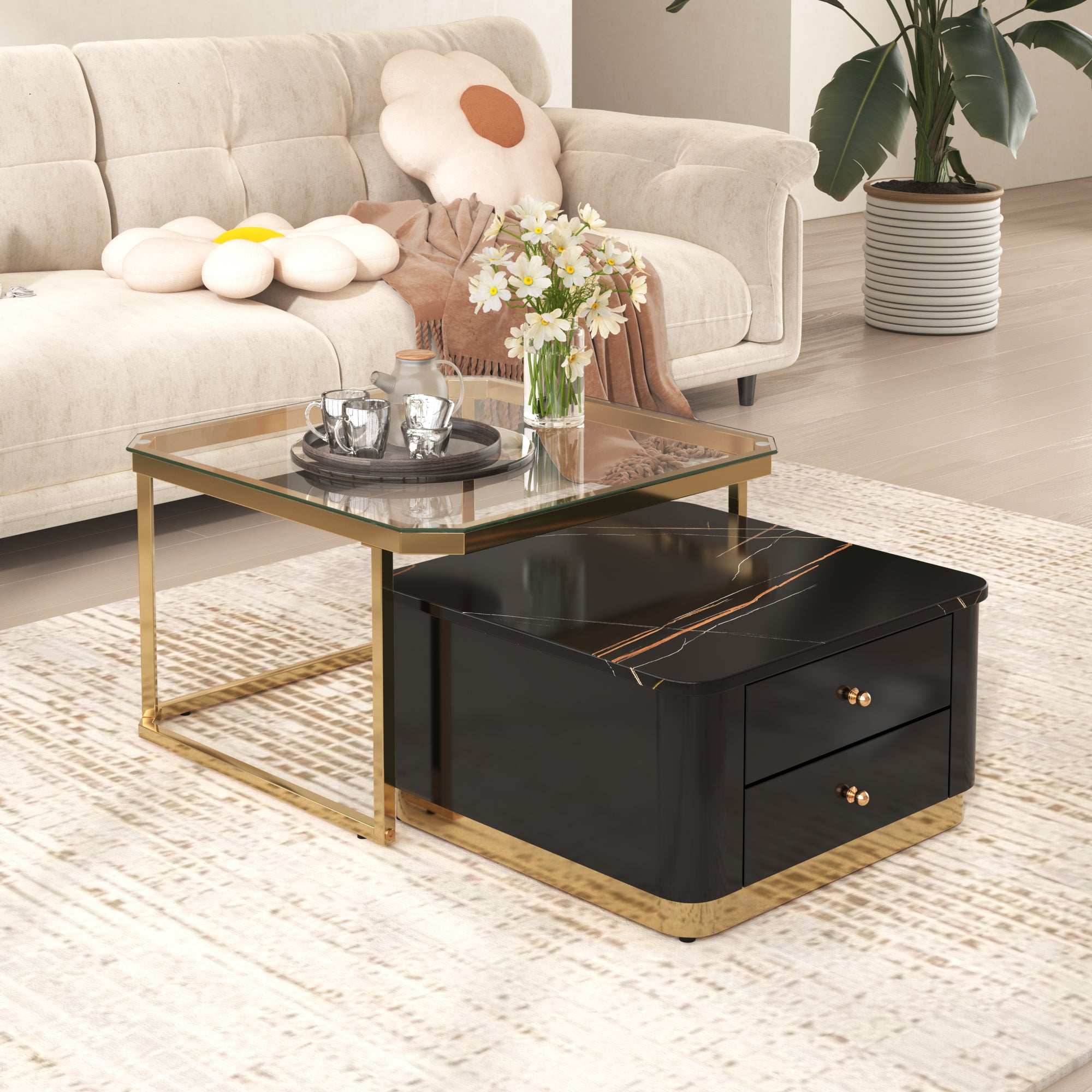 Modern Black Square Coffee Table Set with Gold Legs