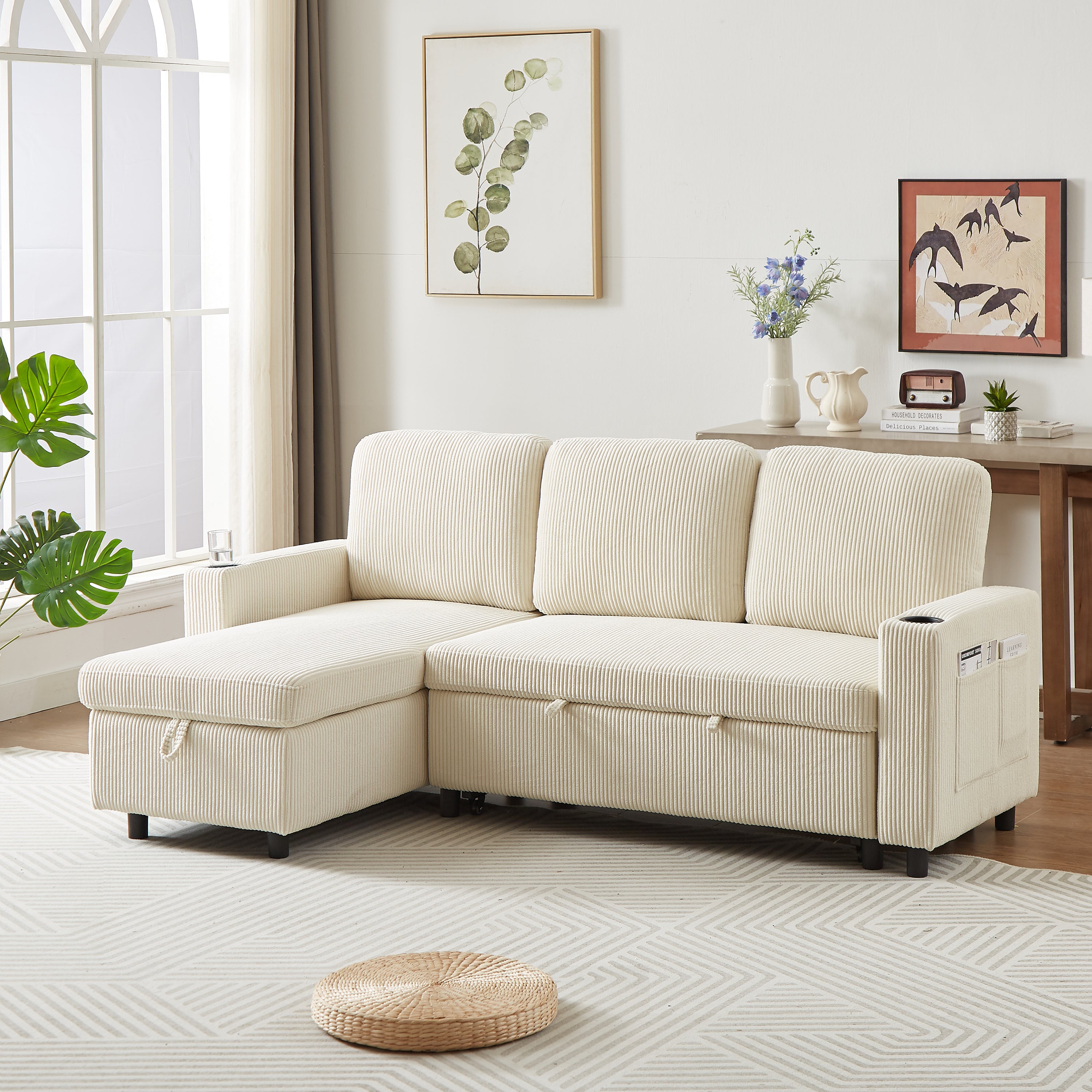 Corduroy L-Shaped Sofa Bed | Pullout Sleeper | Small Spaces