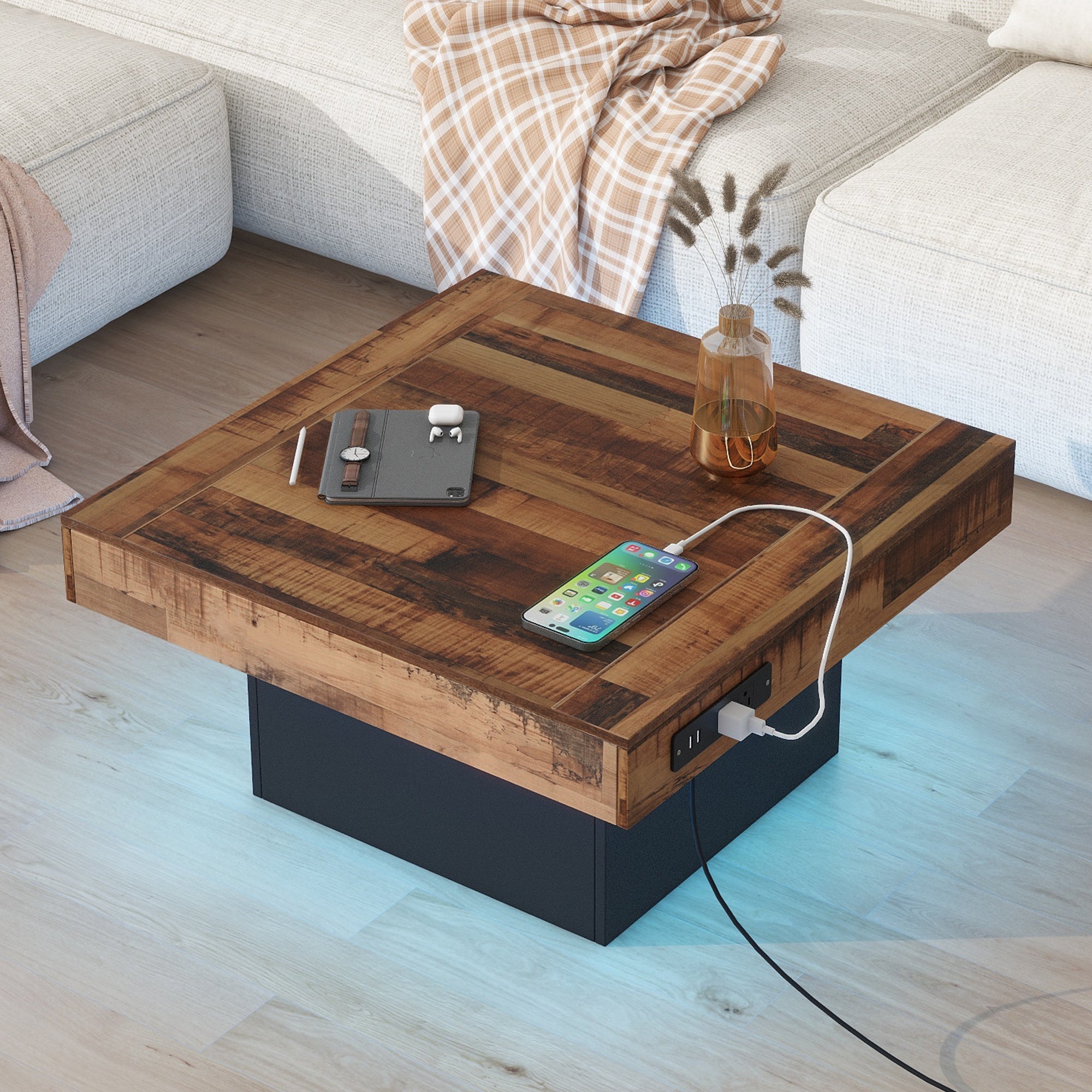 Farmhouse Coffee Table w/ USB, Outlets & LED