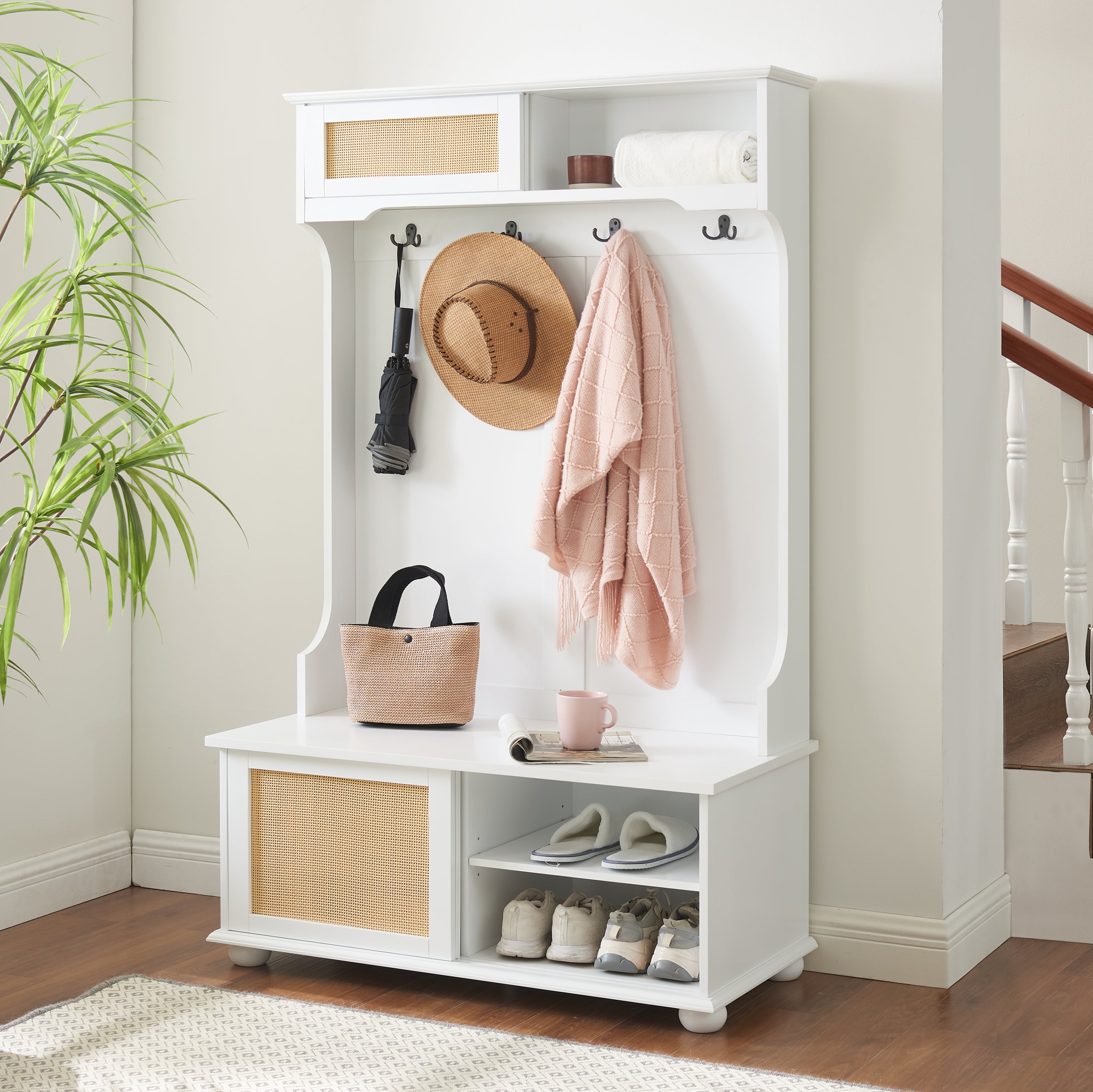 Hall Tree with Storage Bench & Shoe Rack | White Entryway Organizer