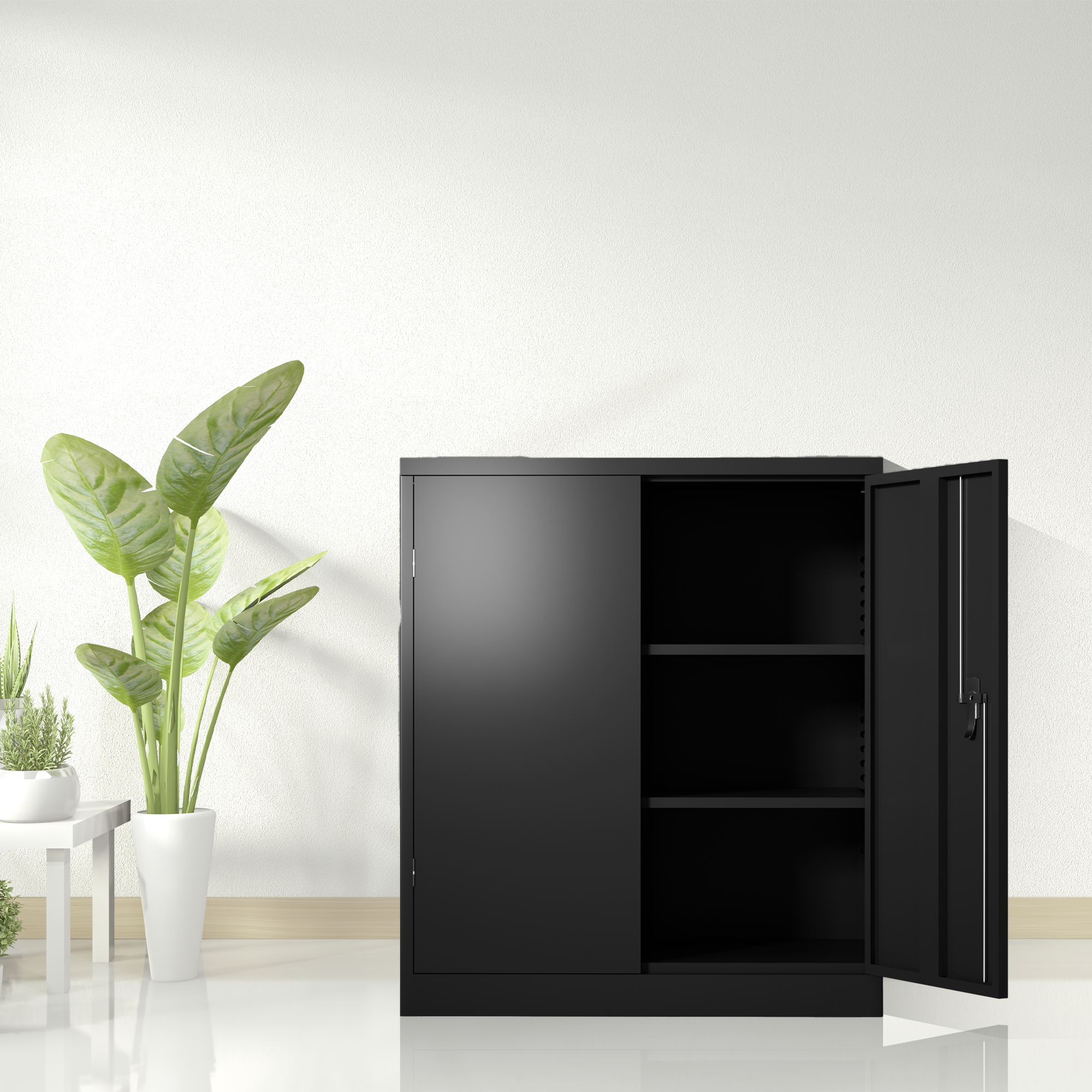 Lockable Steel Cabinet: 2 Doors, 2 Shelves