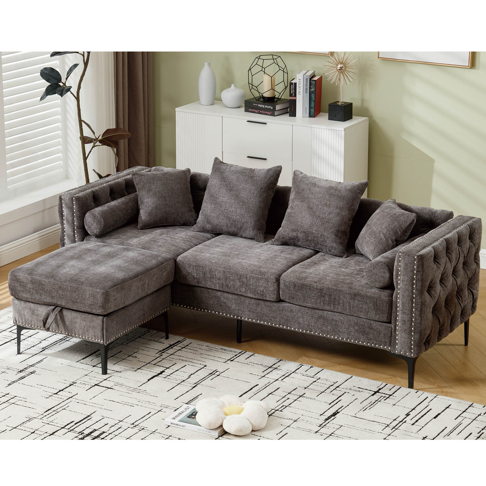 L-Shaped Sectional Sofa w/ Storage Ottoman, Dark Gray