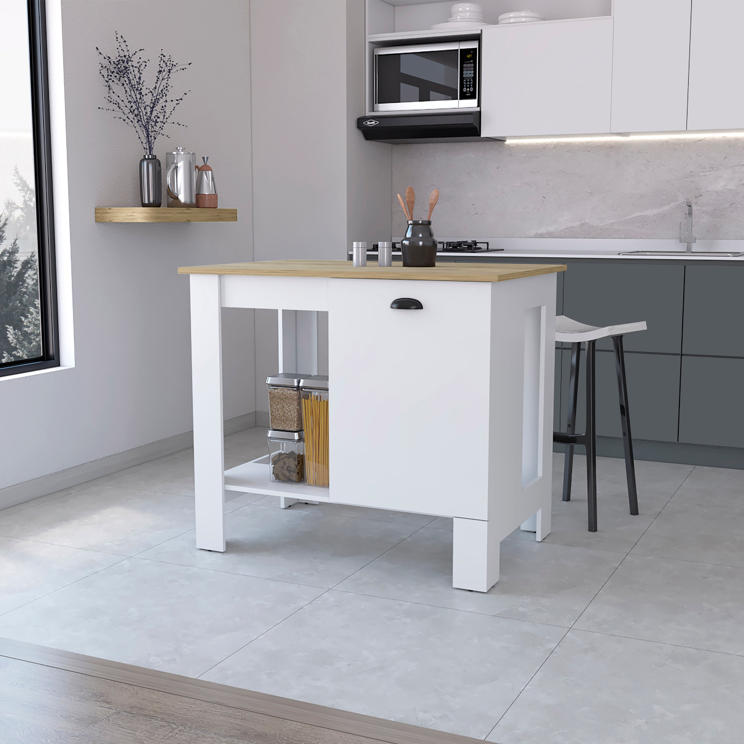 Lander Kitchen Island: Single Door & Open Shelf