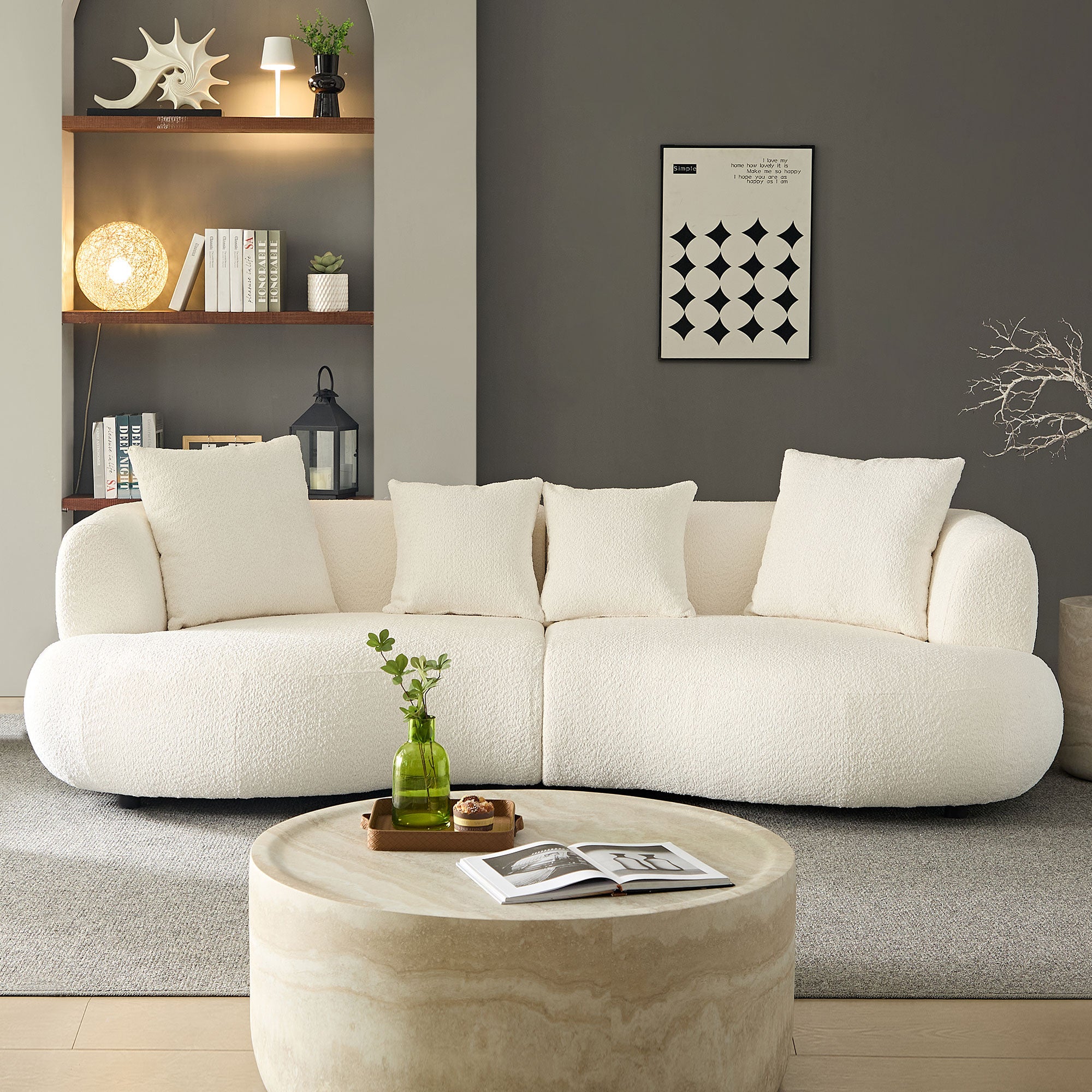Cream Boucle Sectional Sofa: 102" Mid-Century Modern