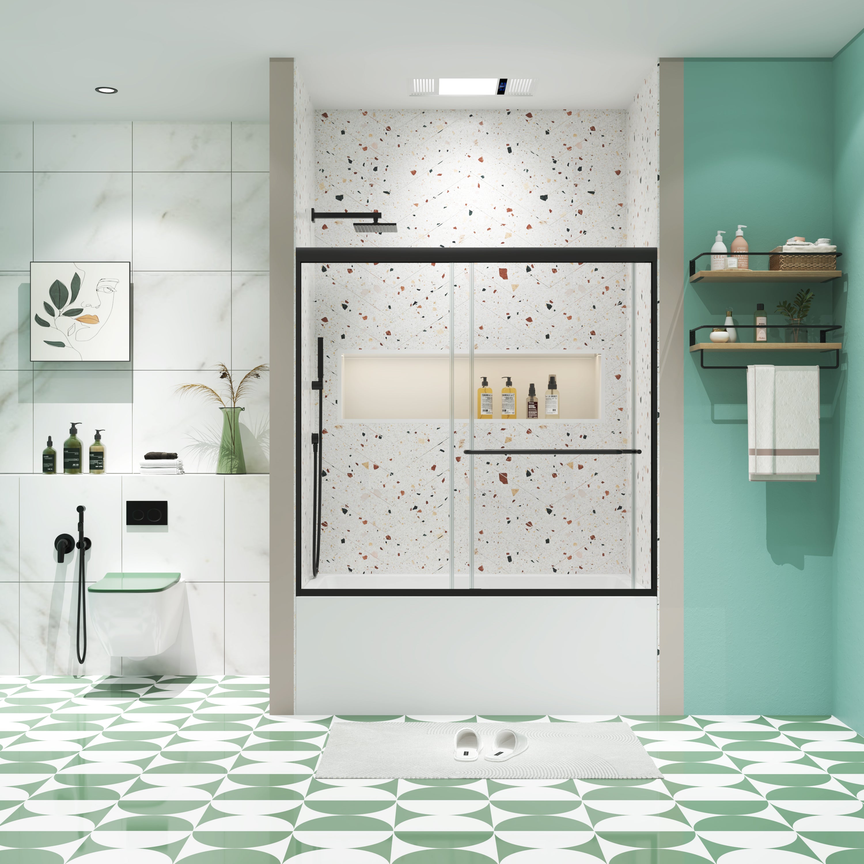 Bypass Shower Door: 56-60x58", Black, Tempered Glass