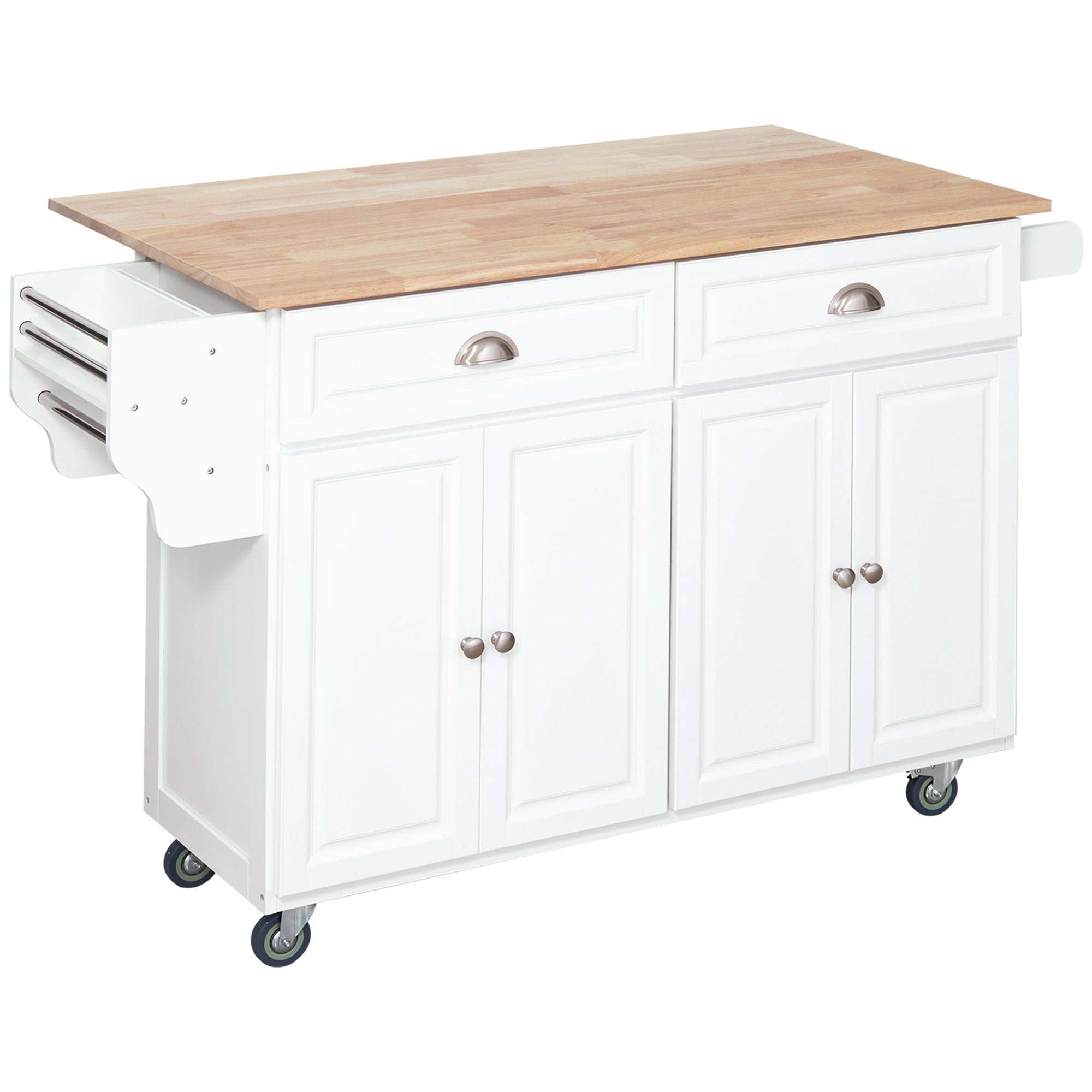Rolling Kitchen Island Cart w/ Drop Leaf & Storage - White