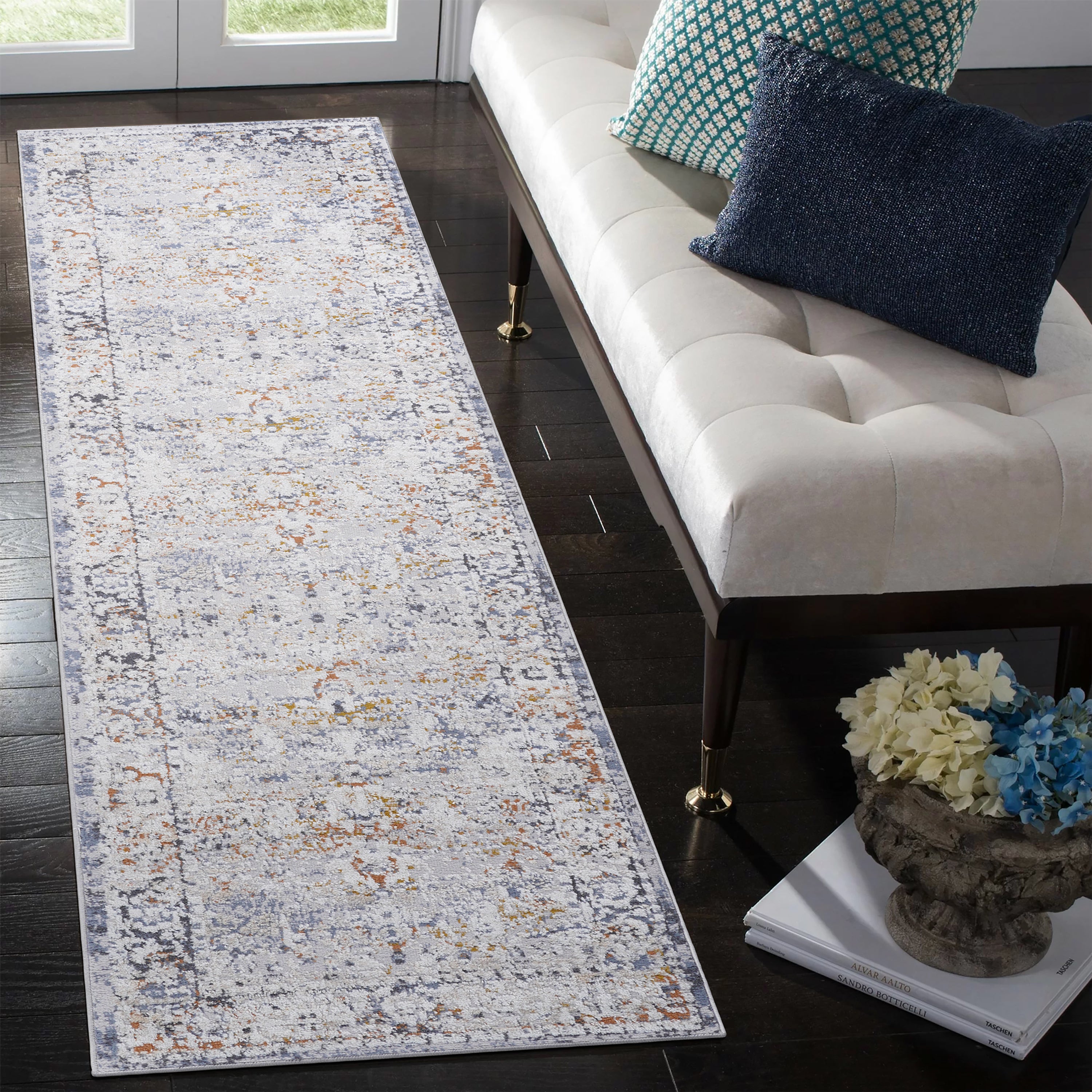 Ivory/Grey Area Rug: 2x8 Non-Shedding, Stylish