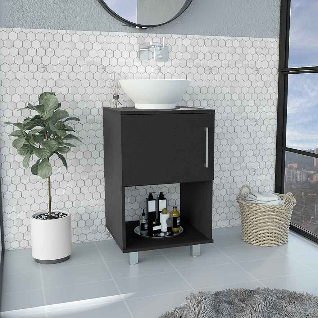 Black Single Bathroom Vanity: 1 Door, 1 Shelf