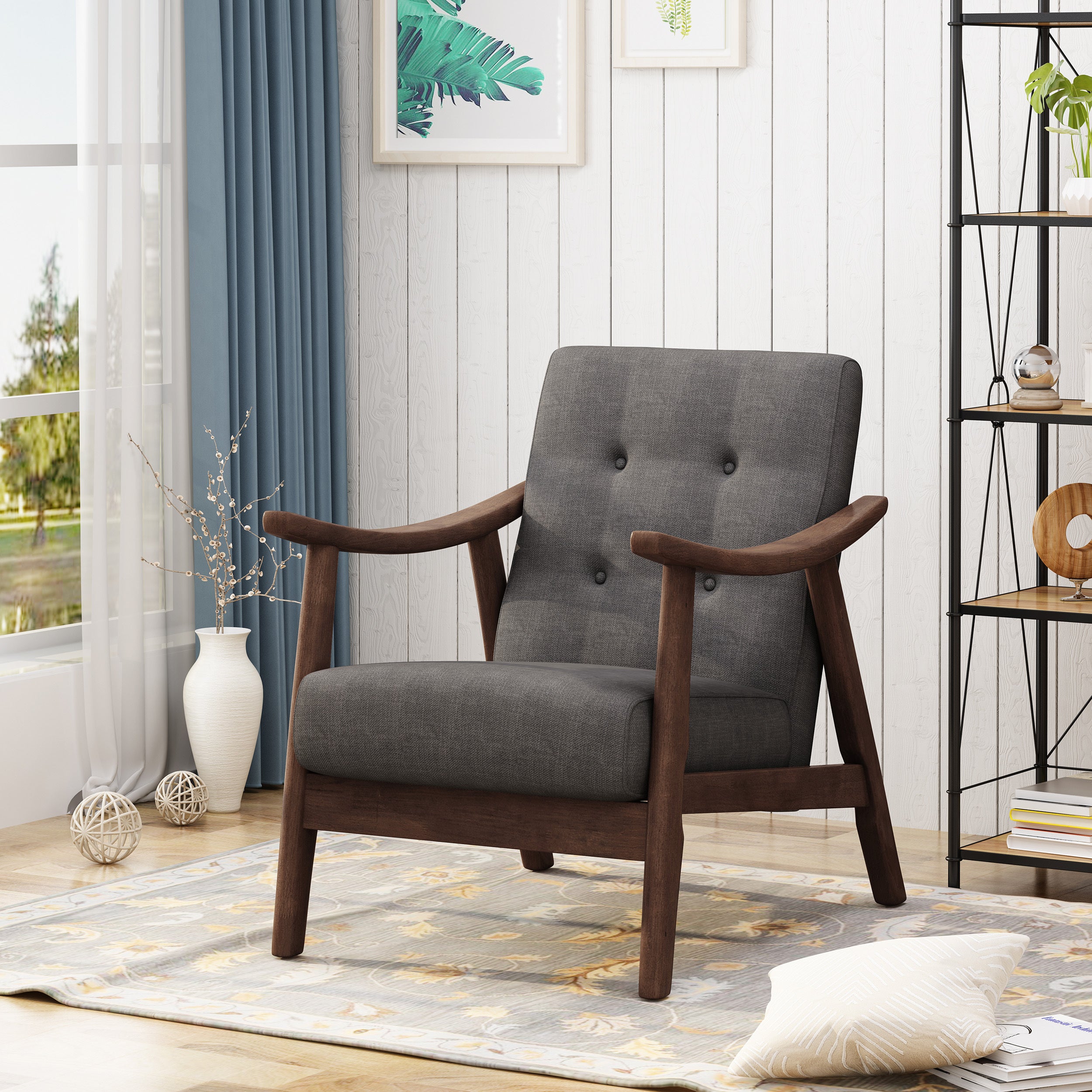 Mid-Century Modern Accent Chair: Dark Gray Tufted