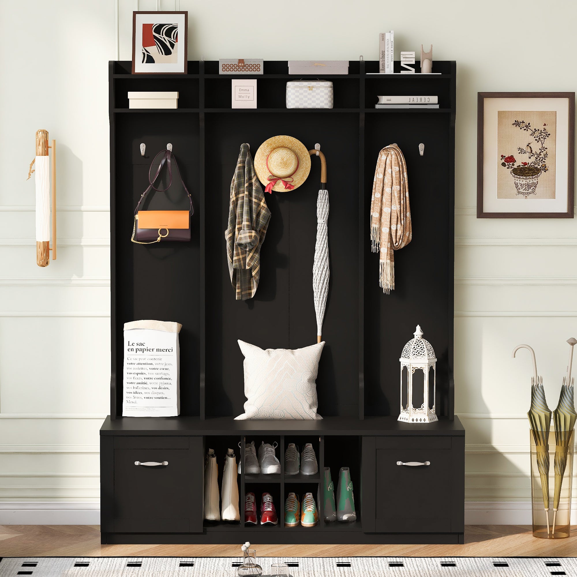 5-in-1 Entryway Bench w/ Coat Rack & Storage