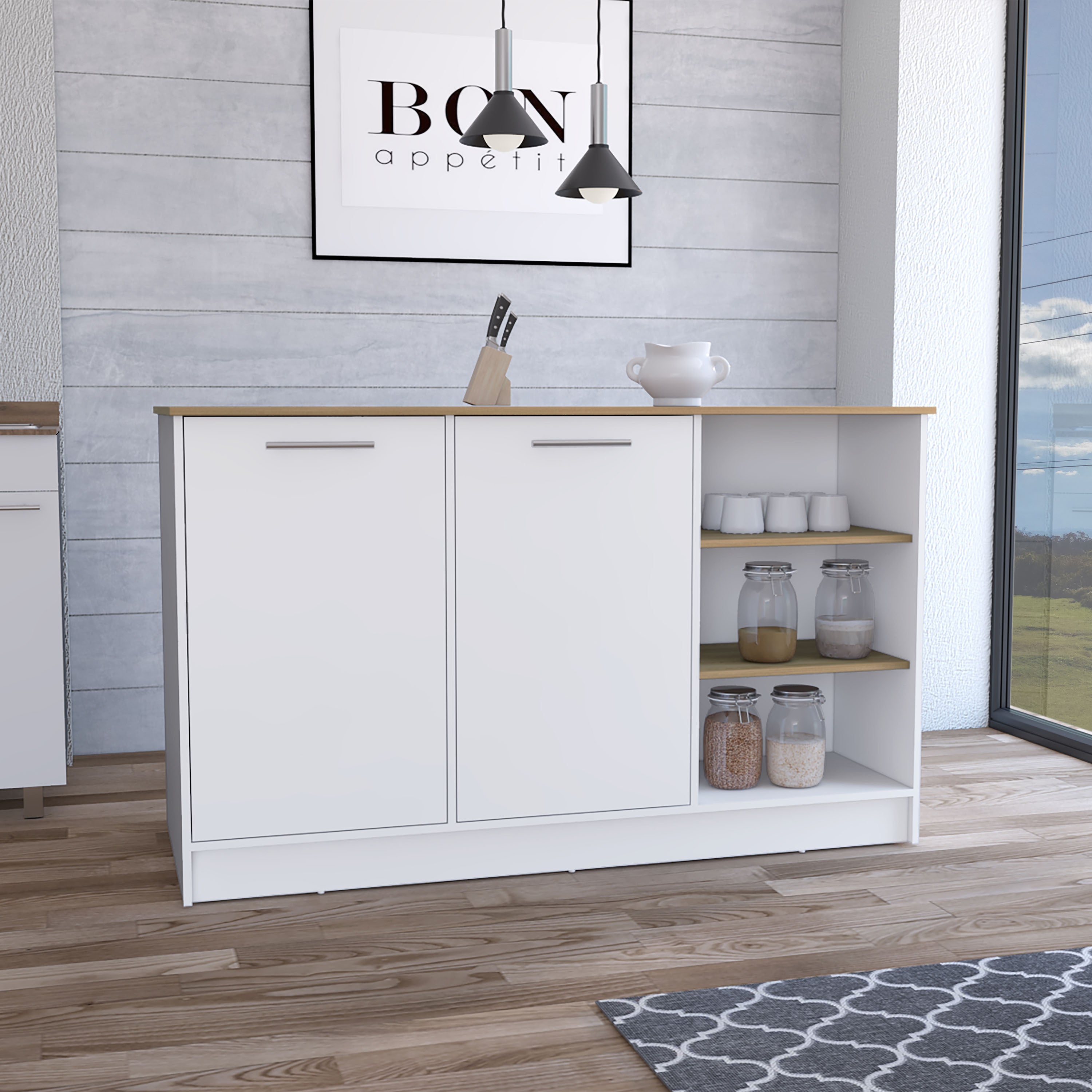 White Kitchen Island w/ Cabinets & Shelves | Natural Oak Top