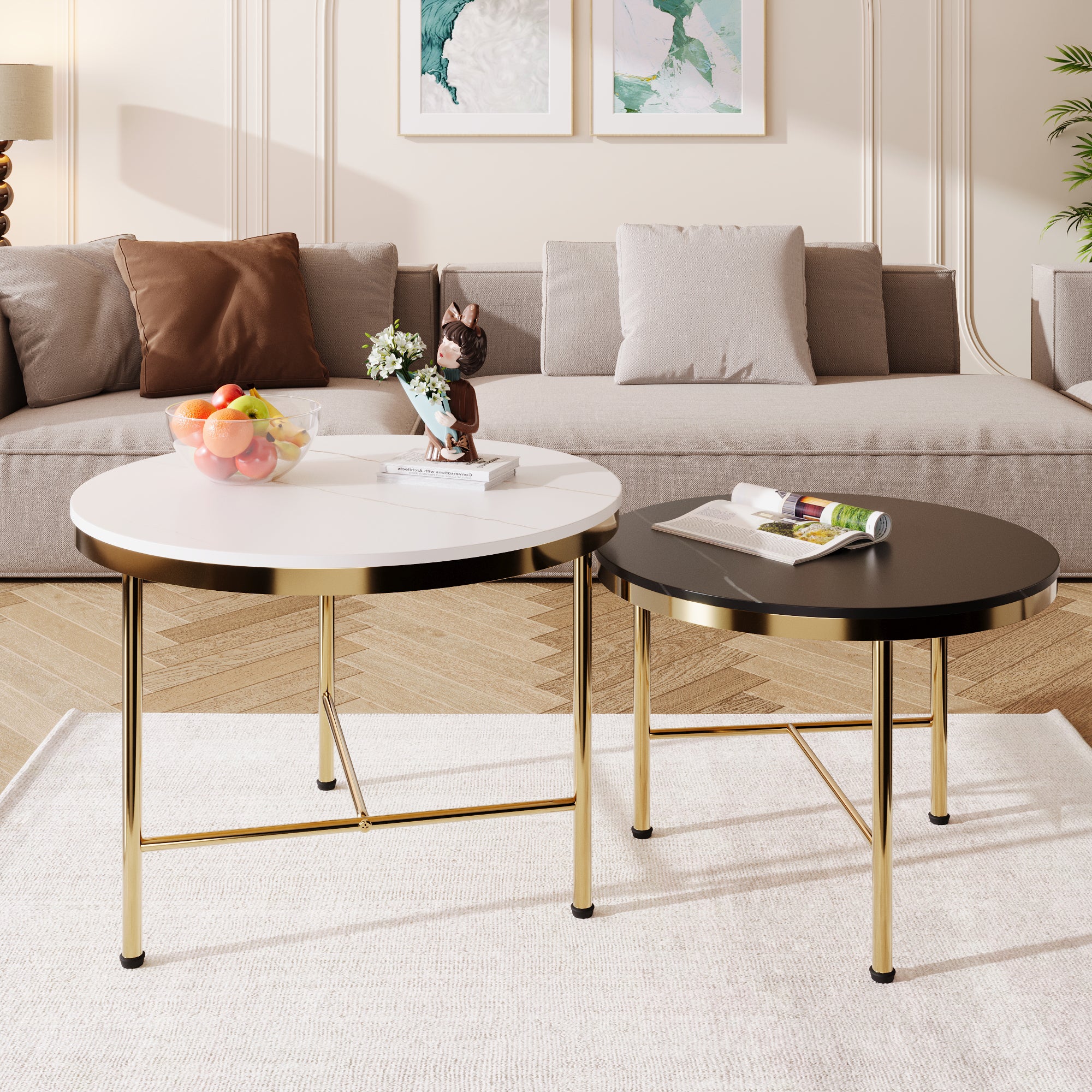 Modern Round Nesting Coffee Tables - Black & White