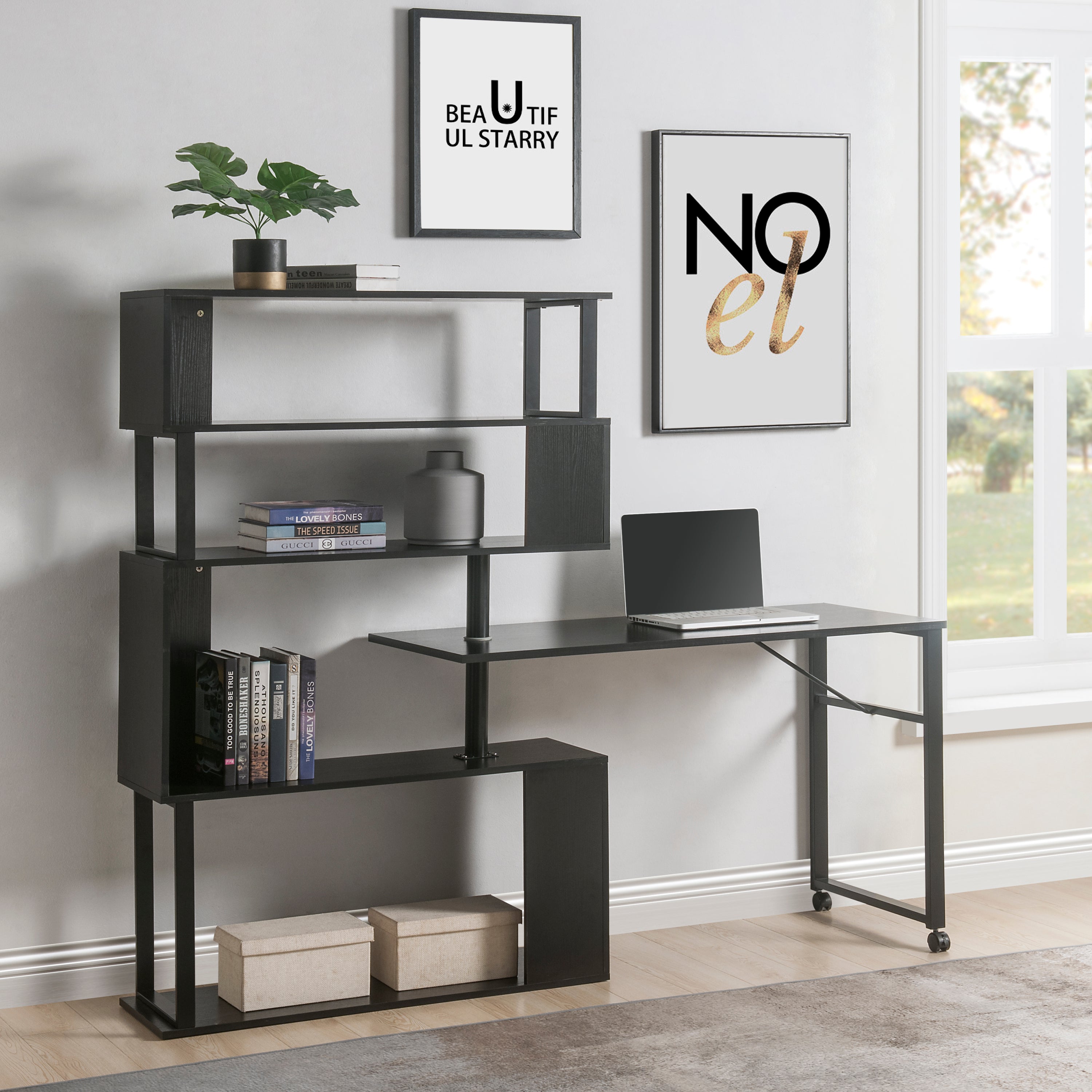 L-Shaped Corner Desk w/ Bookshelf & Wheels (Black)