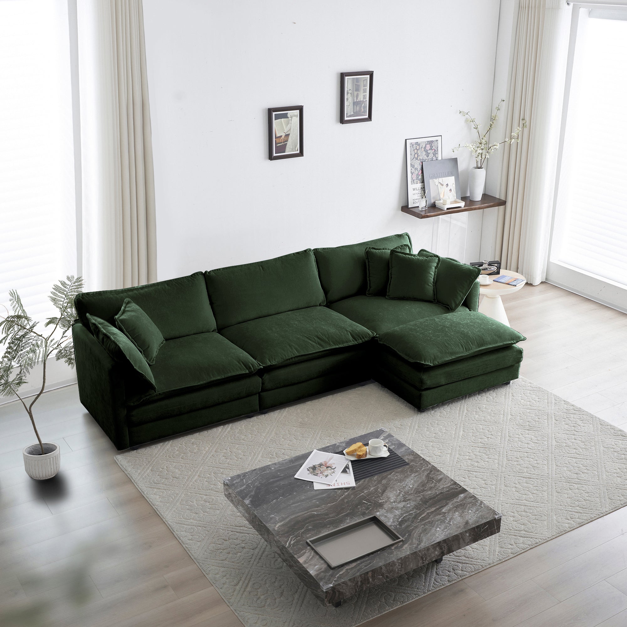 Green Chenille L-Shaped Sectional Sofa