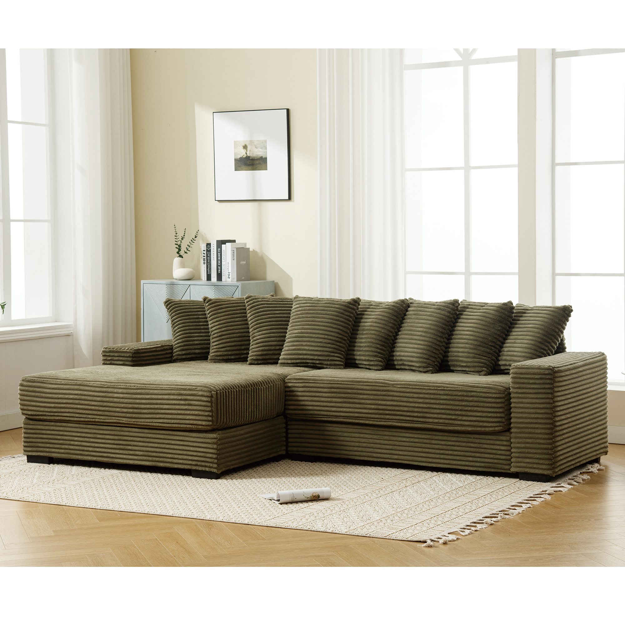 Oversized Corduroy L-Shaped Sofa w/ Chaise & Pillows - Green