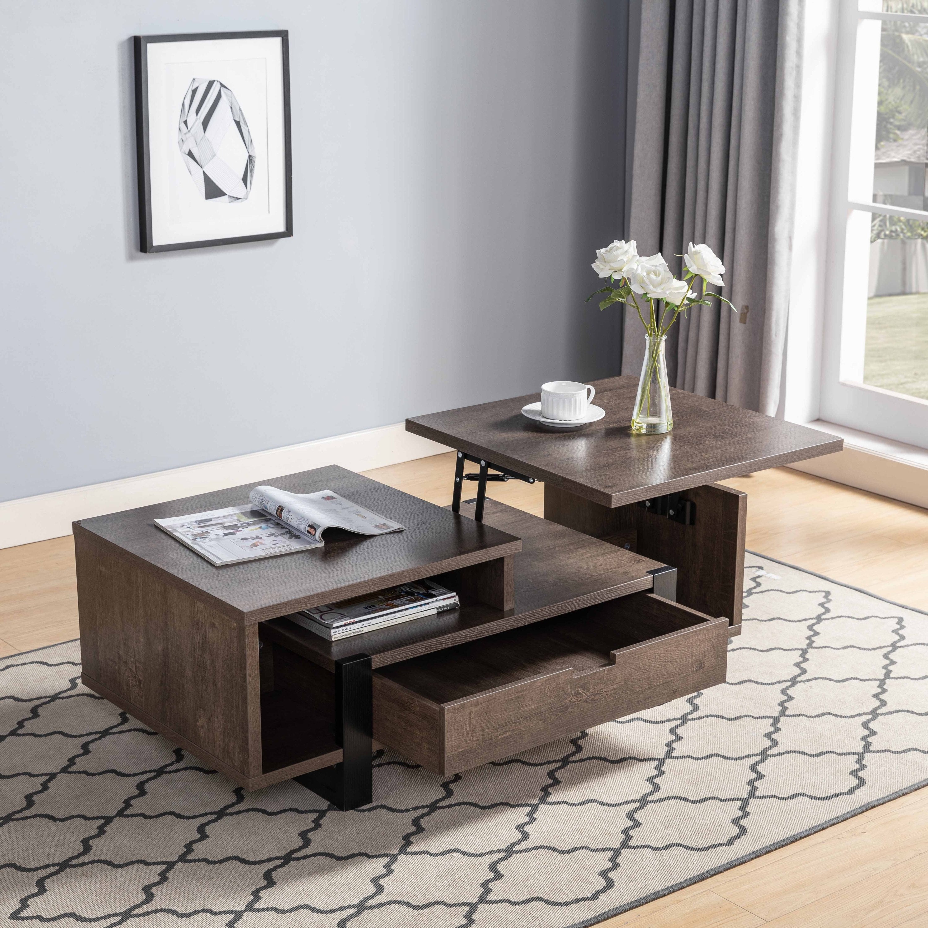 Dark Brown Lift Top Coffee Table with Drawer | Modern Living Room Centerpiece (70)