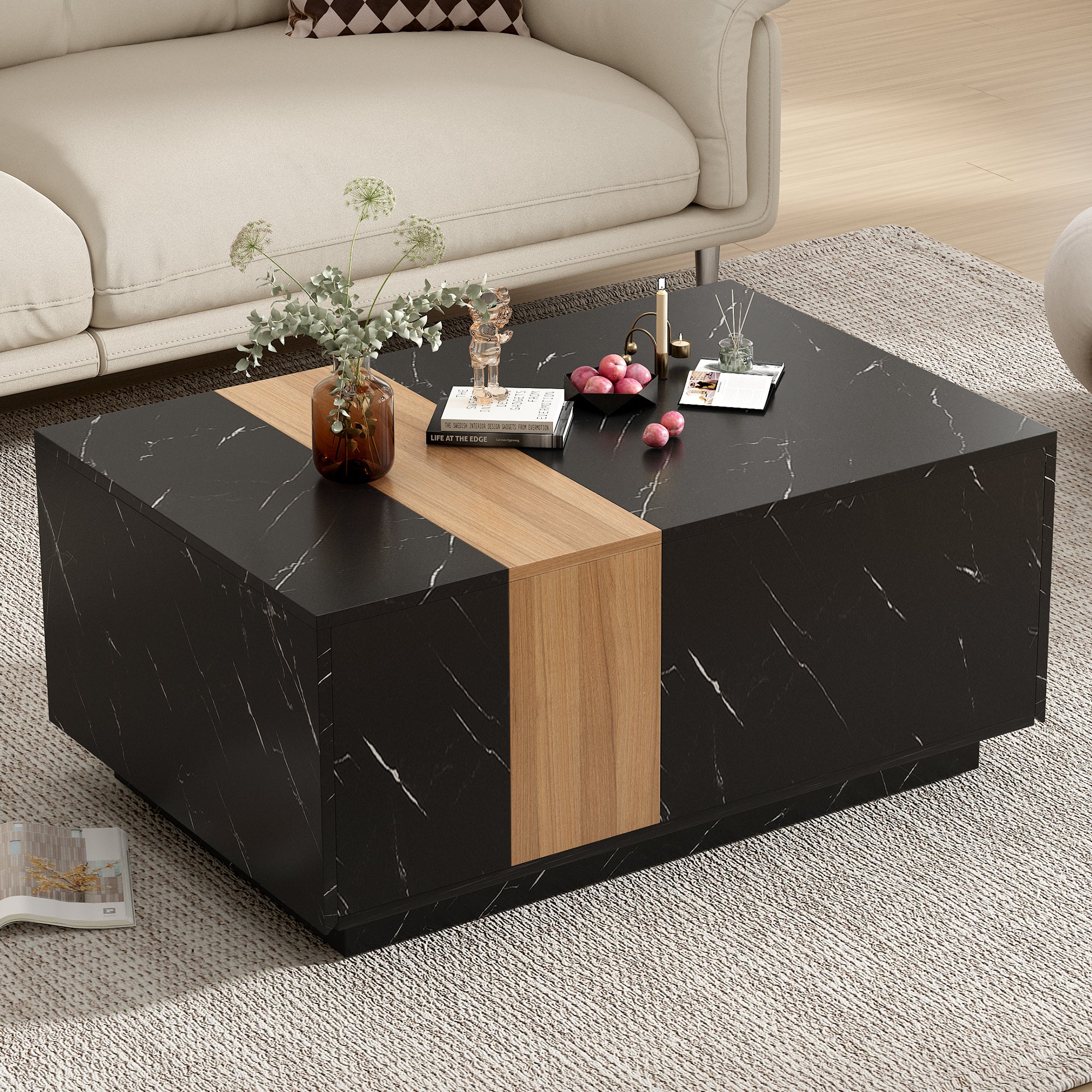 Modern Coffee Table: 2 Drawers, Faux Marble Top