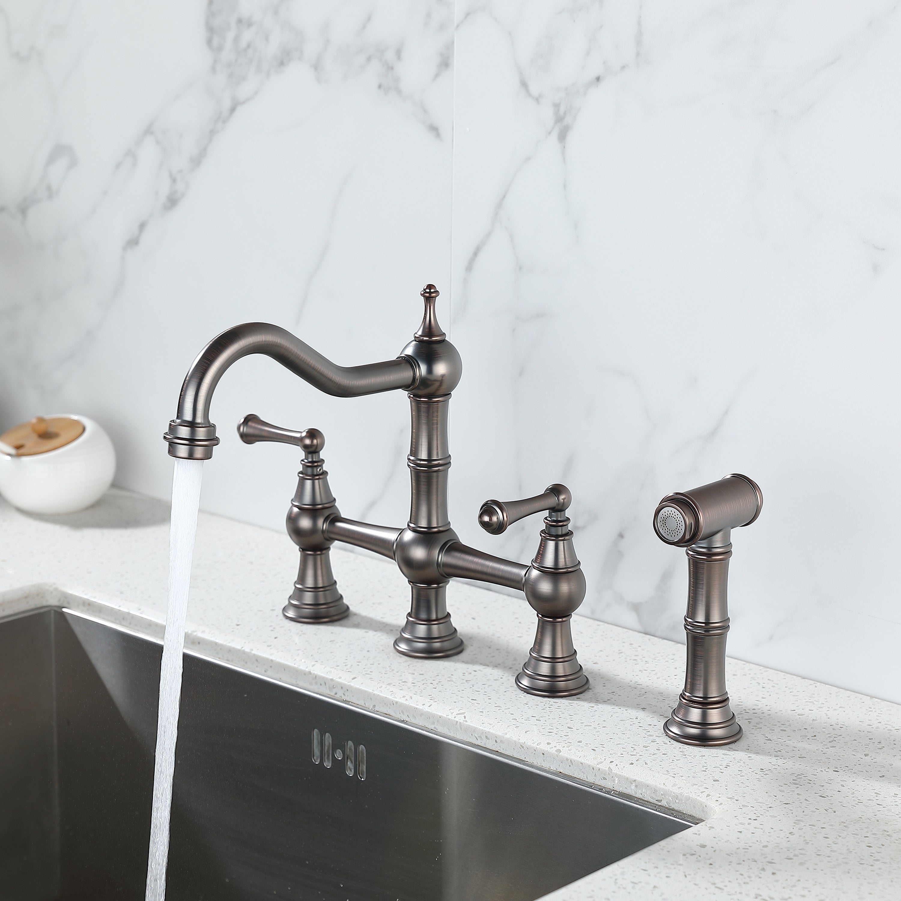 Antique Brass Kitchen Faucet with Side Sprayer