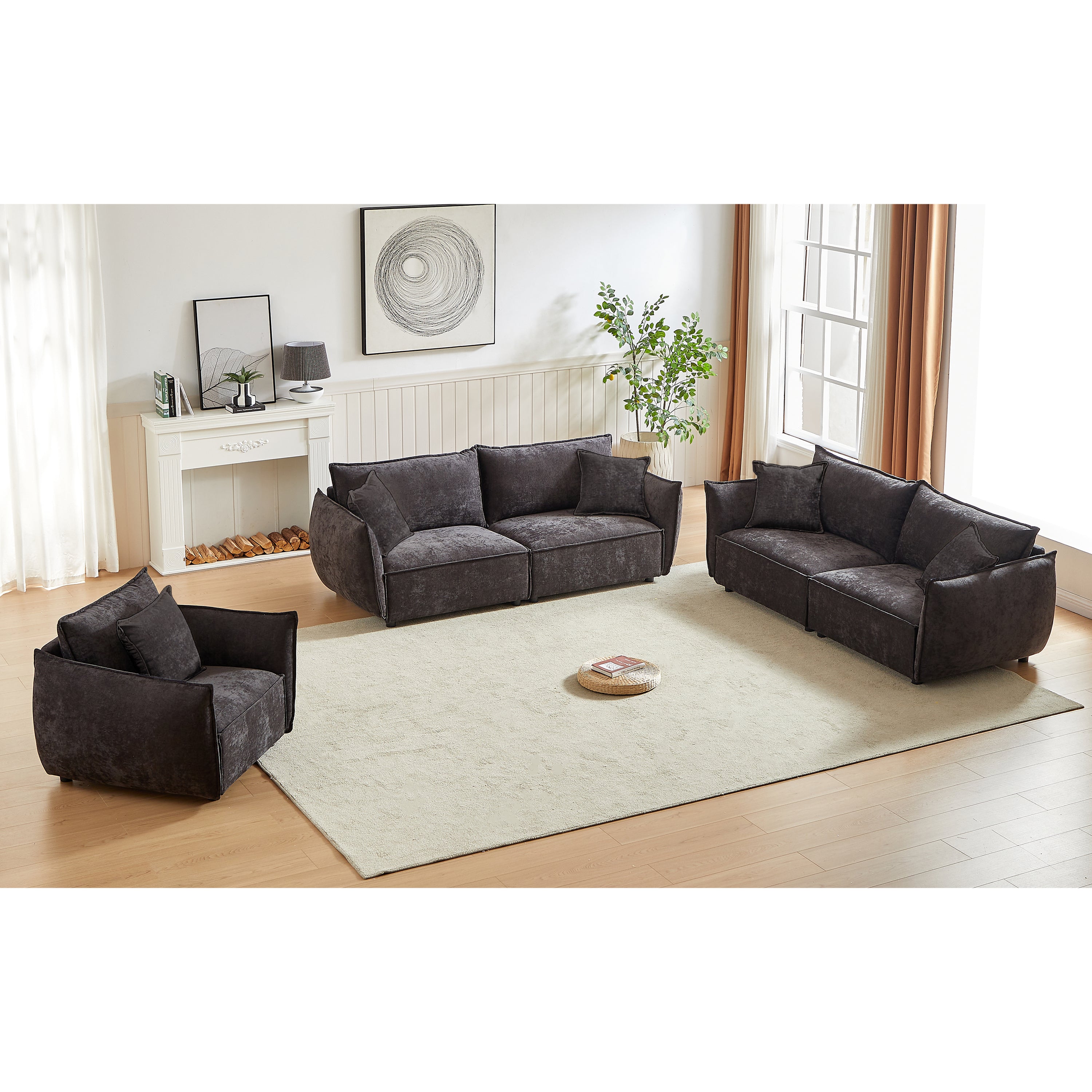 Modern 3+3+1 Sofa Set: Linen, Wooden Frame