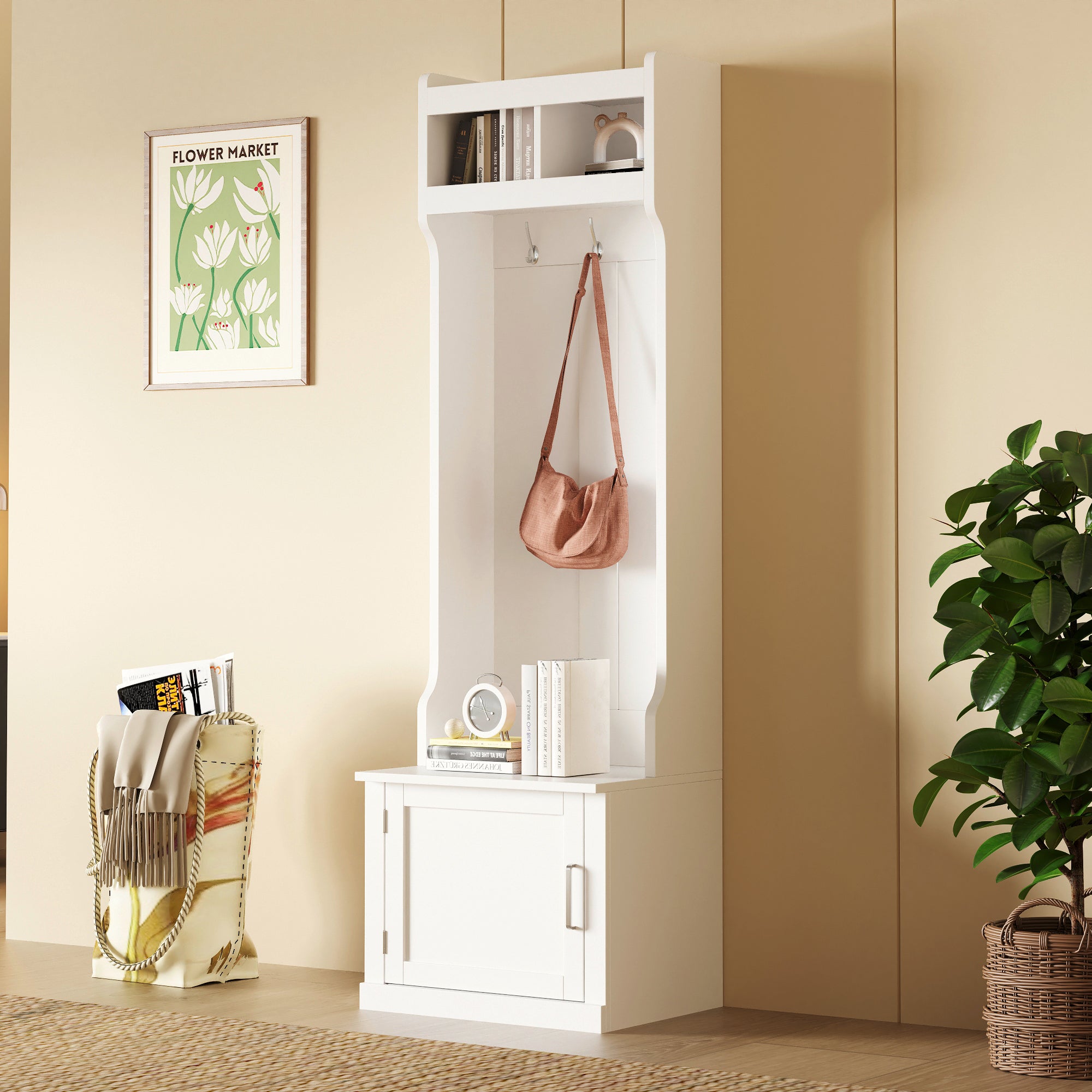 Minimalist Hall Tree w/ Cabinet & Hooks - White