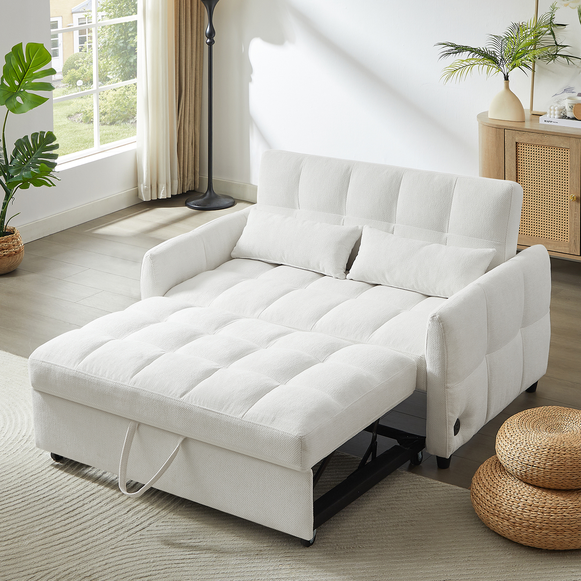 Beige Loveseat Sofa Bed: Pull-Out, USB, Tufted