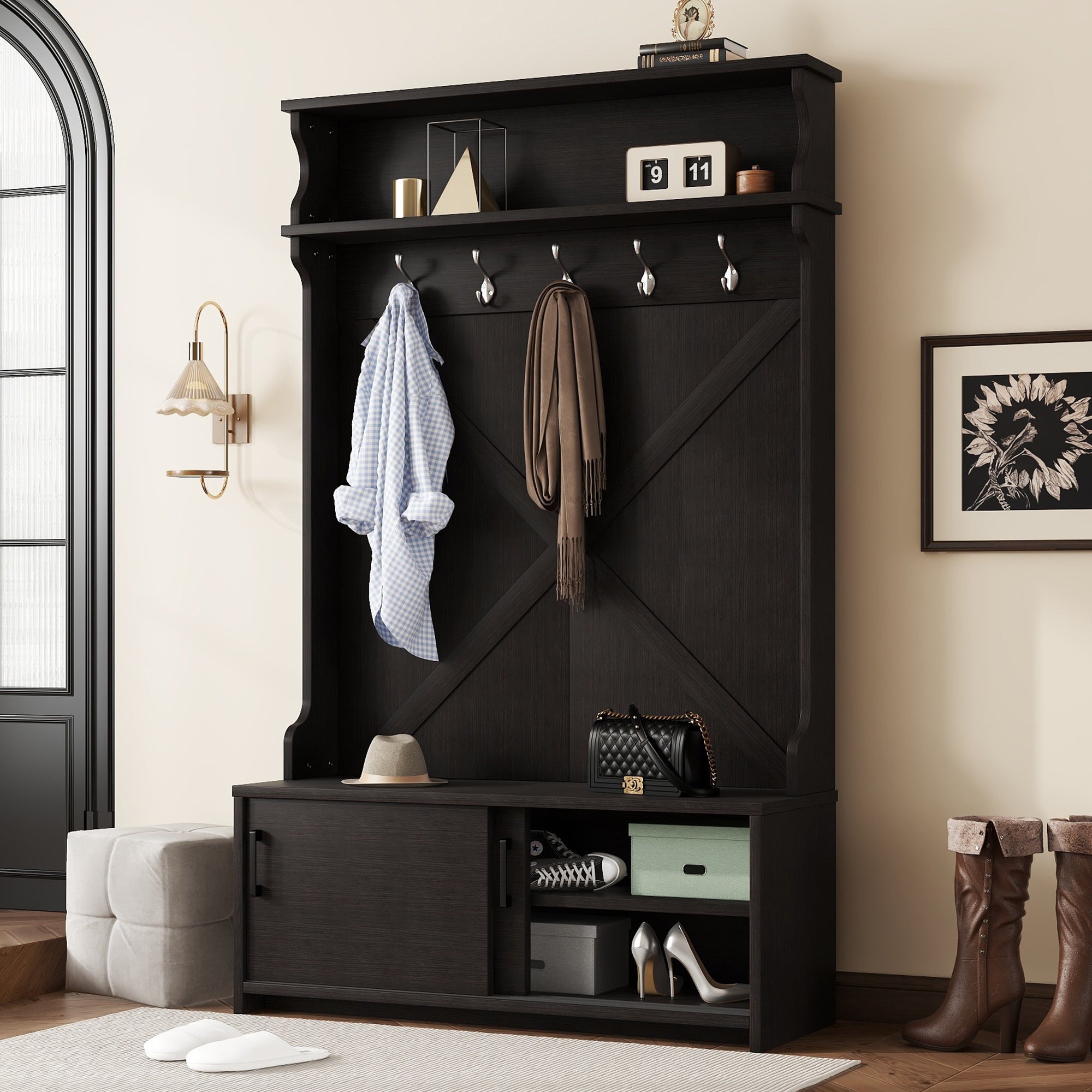 Hall Tree w/ Storage Bench, Sliding Doors & Coat Rack - Black