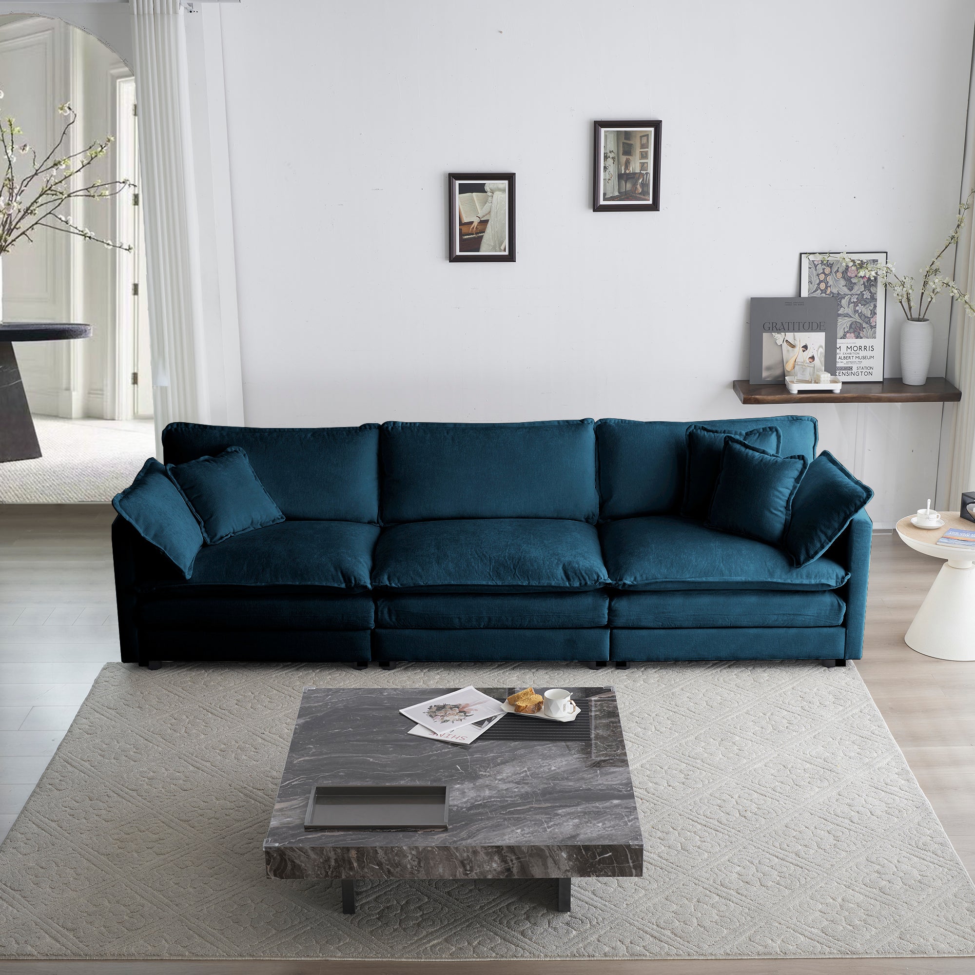Mid-Century Modern Blue Chenille Sofa