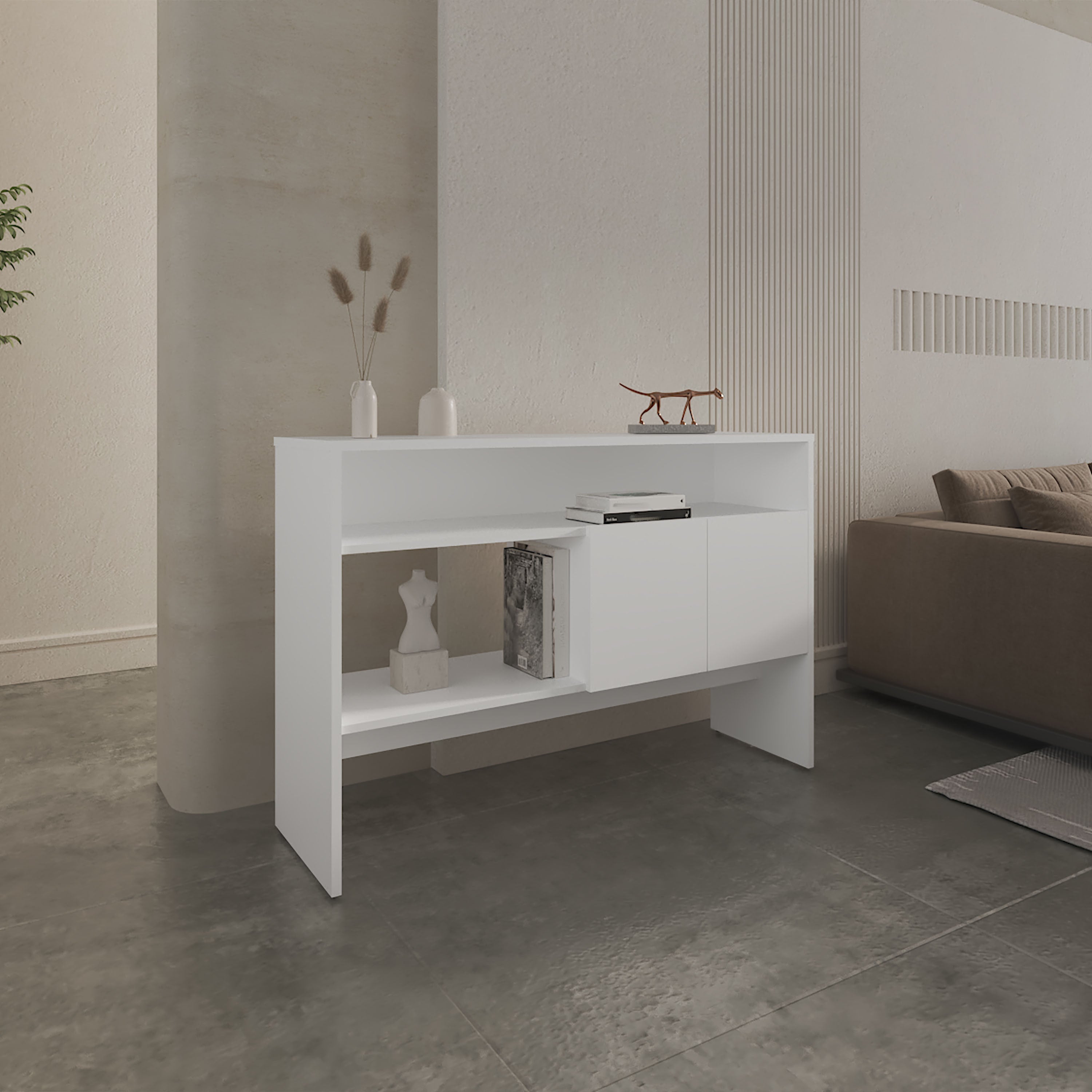 White Console Table 31.8"H w/ Doors & Shelves | Patio Furniture