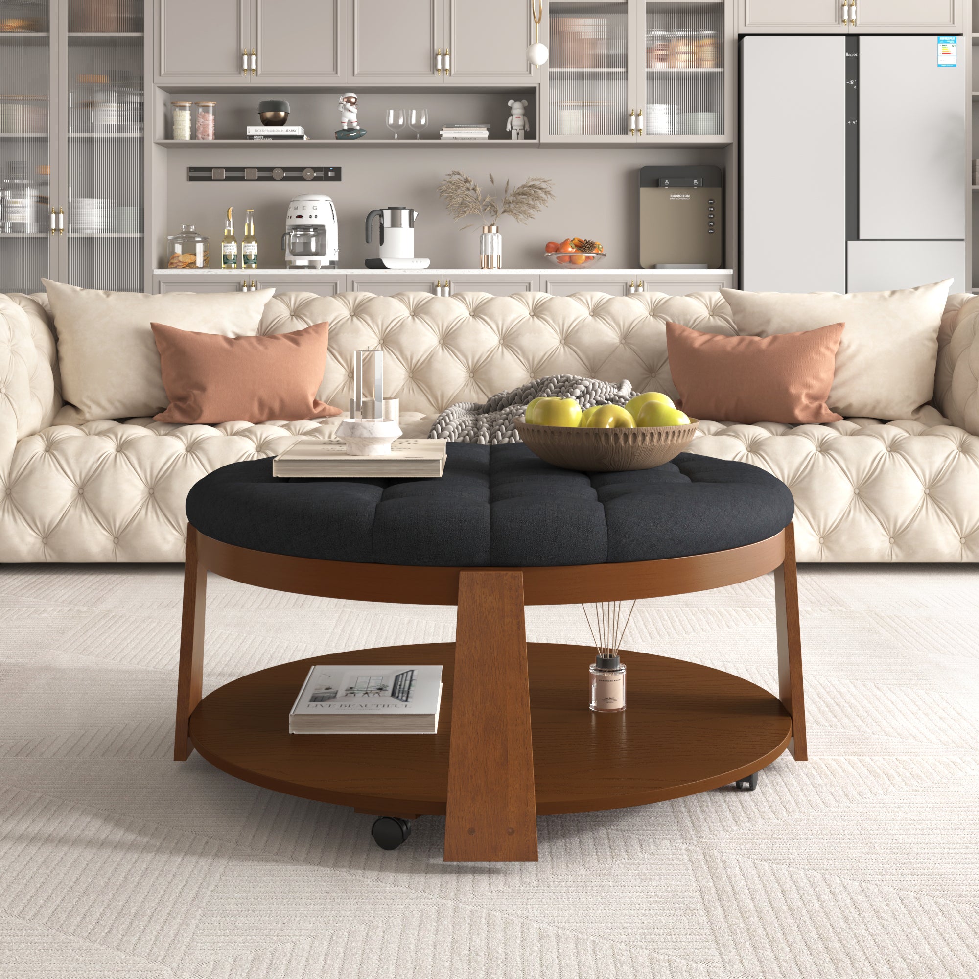 Modern Round Ottoman Coffee Table w/ Storage